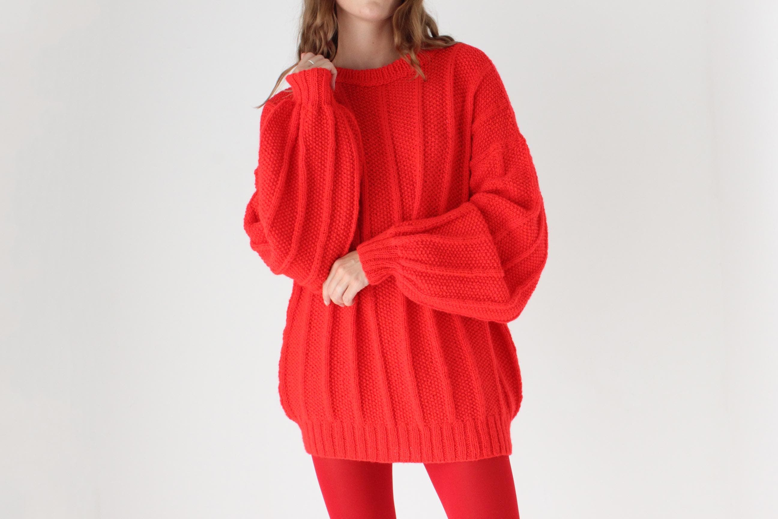 80s Vibrant Red Hand Knit Bubble Sleeve Sweater