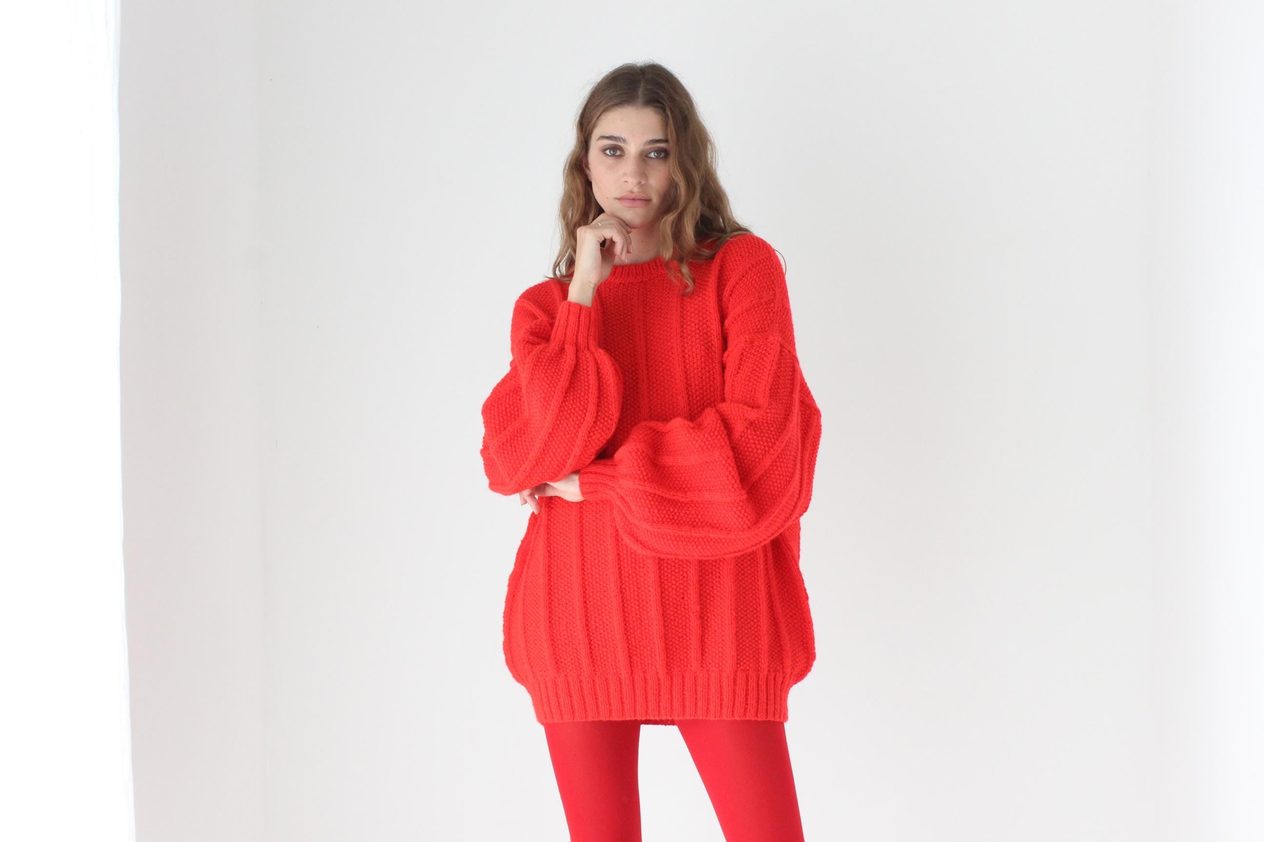 80s Vibrant Red Hand Knit Bubble Sleeve Sweater
