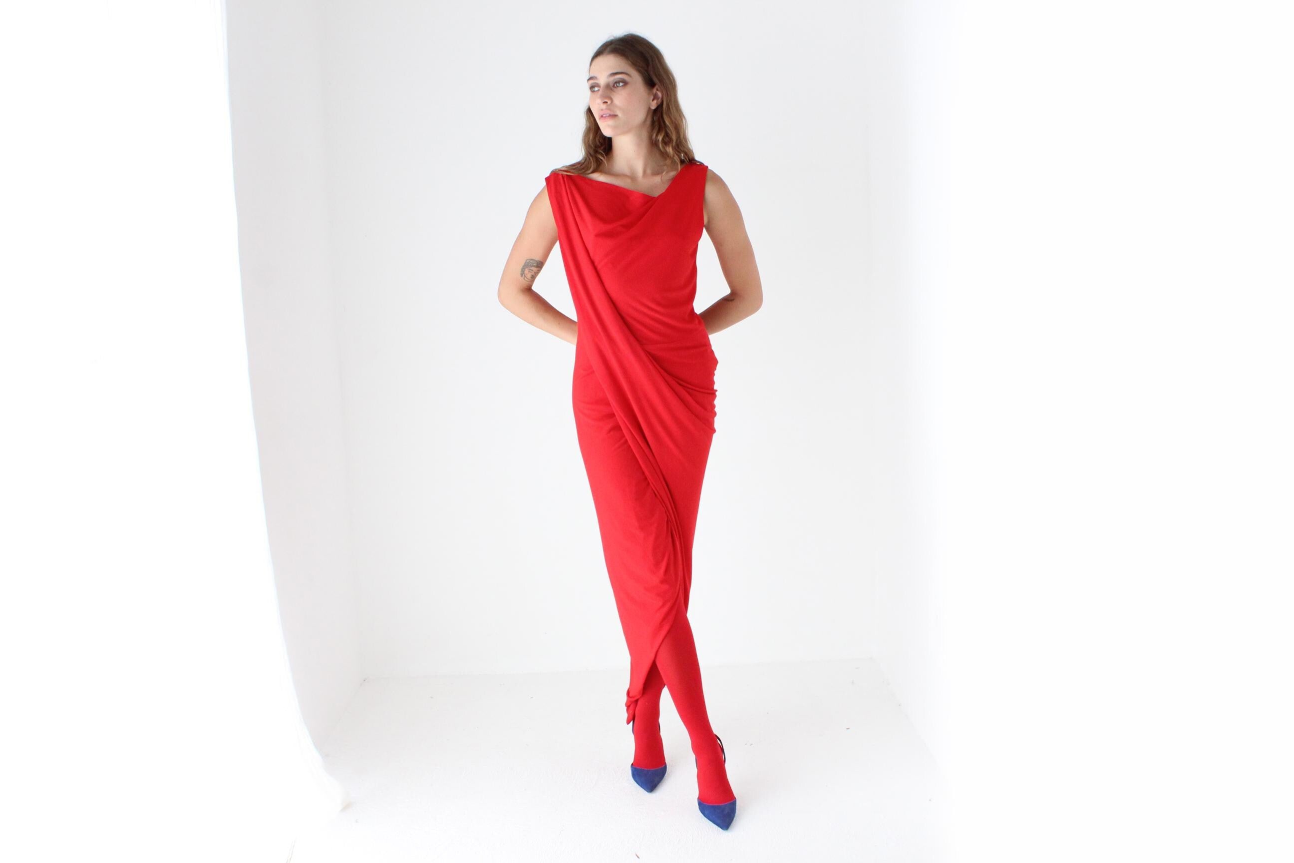 2000s Slinky Draped Jersey Bateau Neck Dress