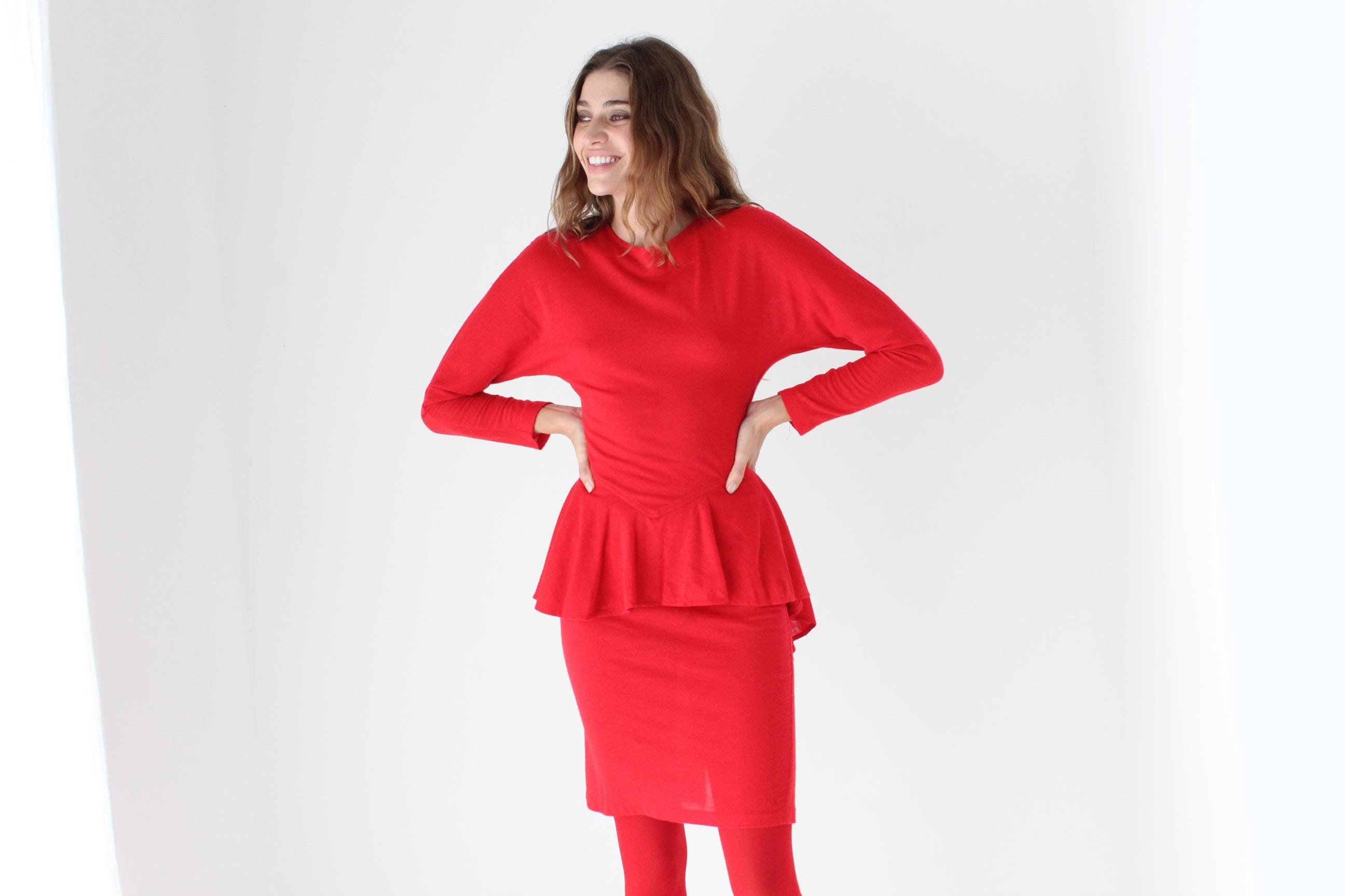 80s Vibrant Red Knit Peplum Dress