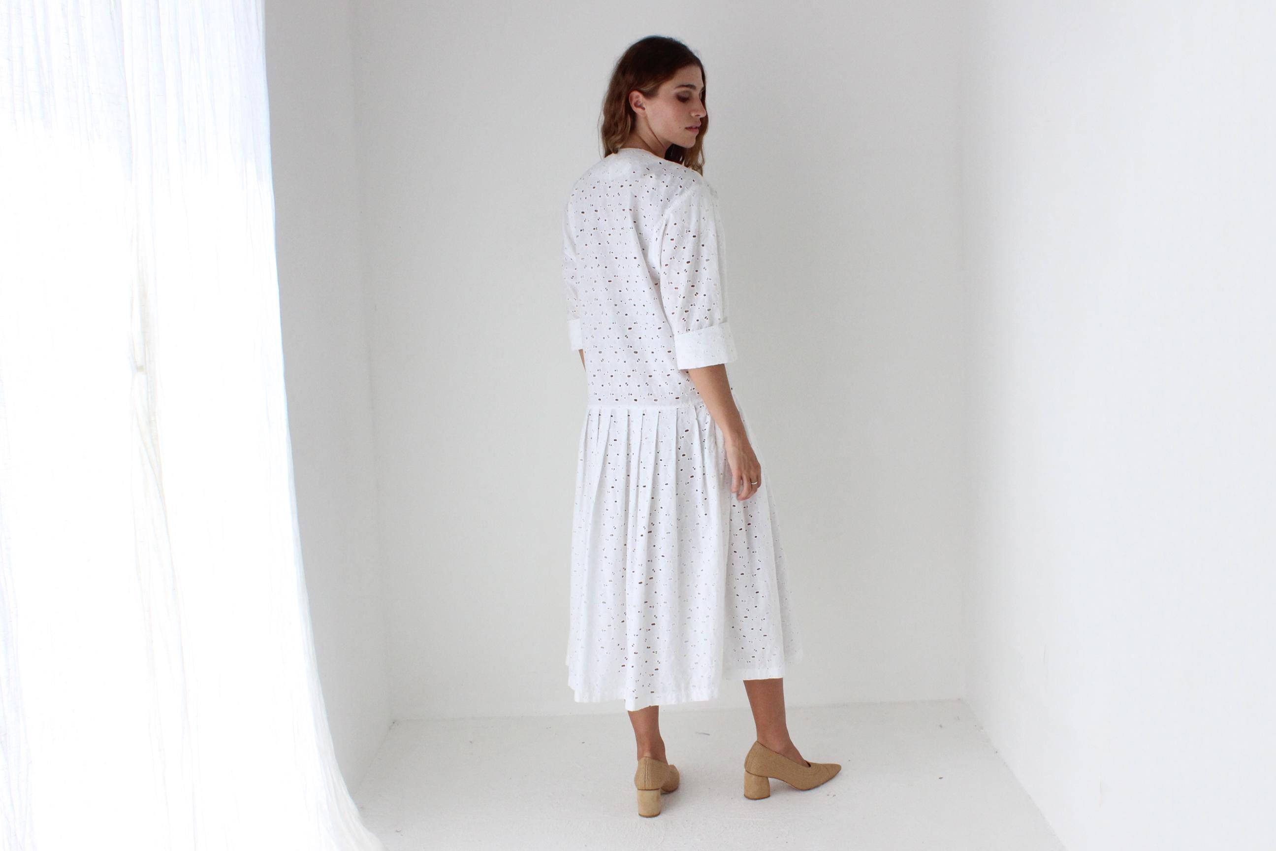 80s Broderie Anglaise Drop Waist Summer Smock Dress
