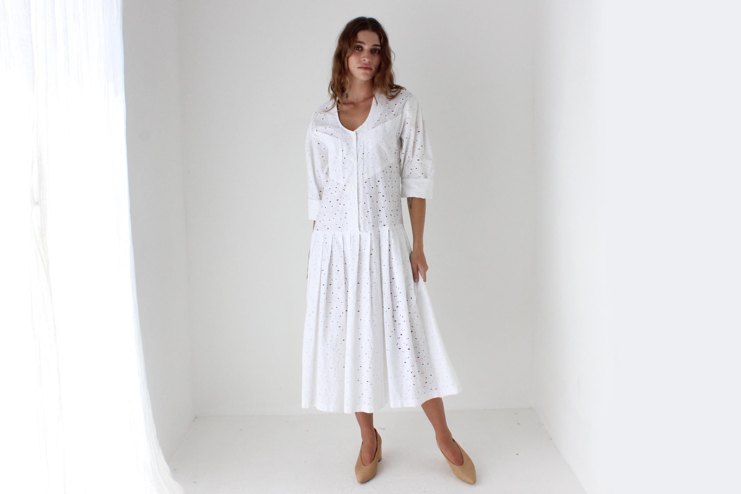 80s Broderie Anglaise Drop Waist Summer Smock Dress