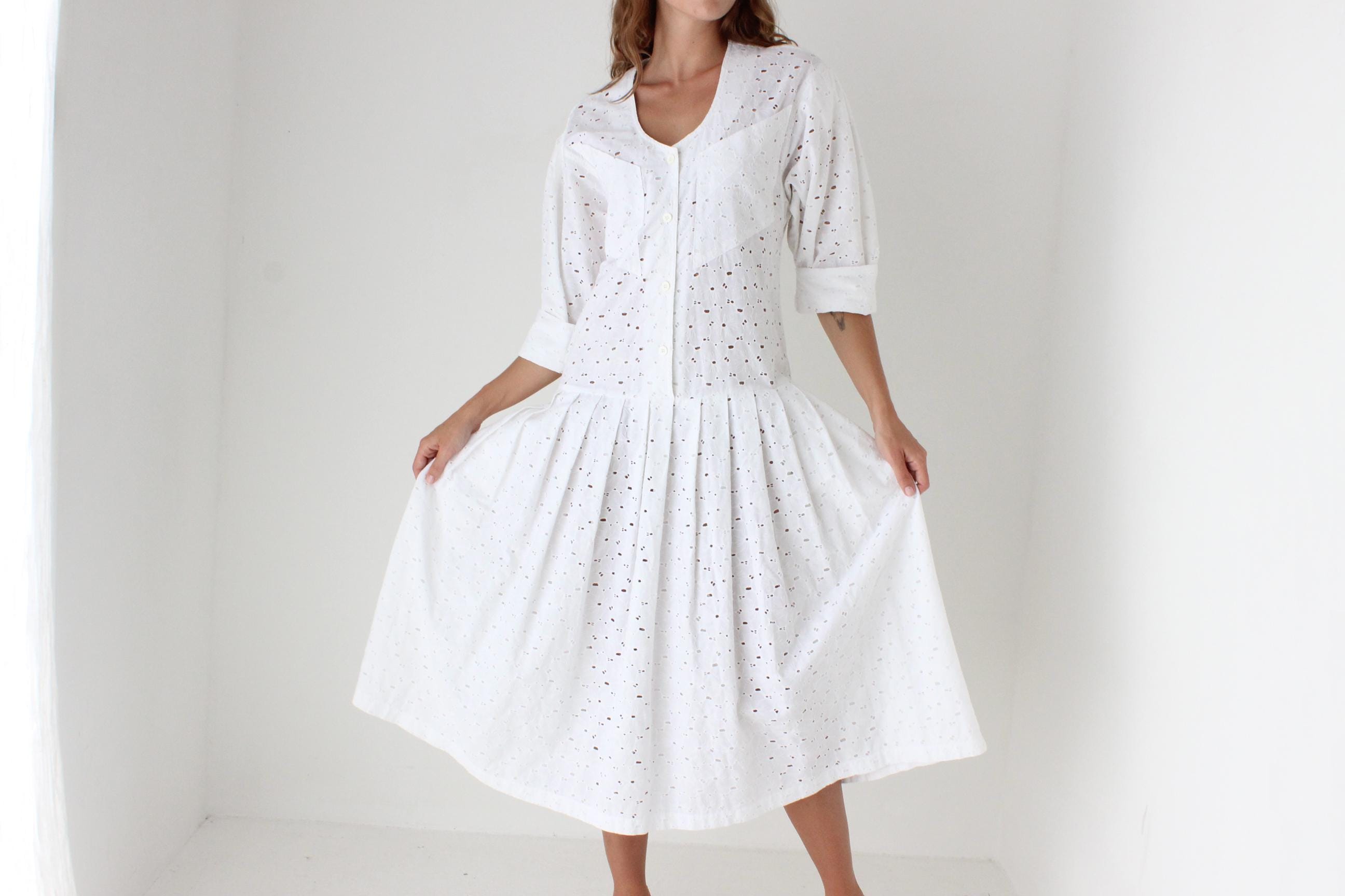 80s Broderie Anglaise Drop Waist Summer Smock Dress