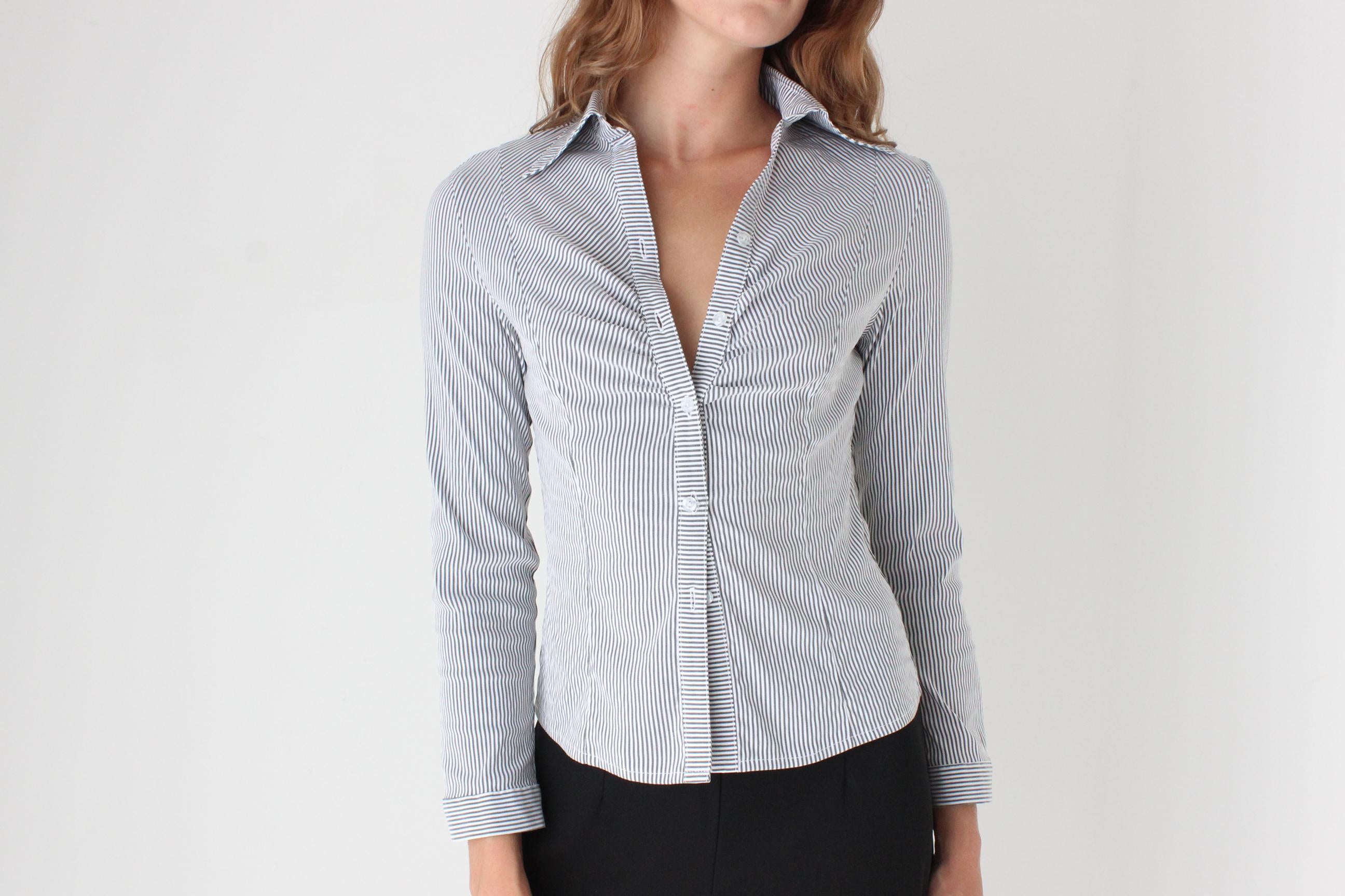 Y2K Grey & White Stripe Sexy Collared Top