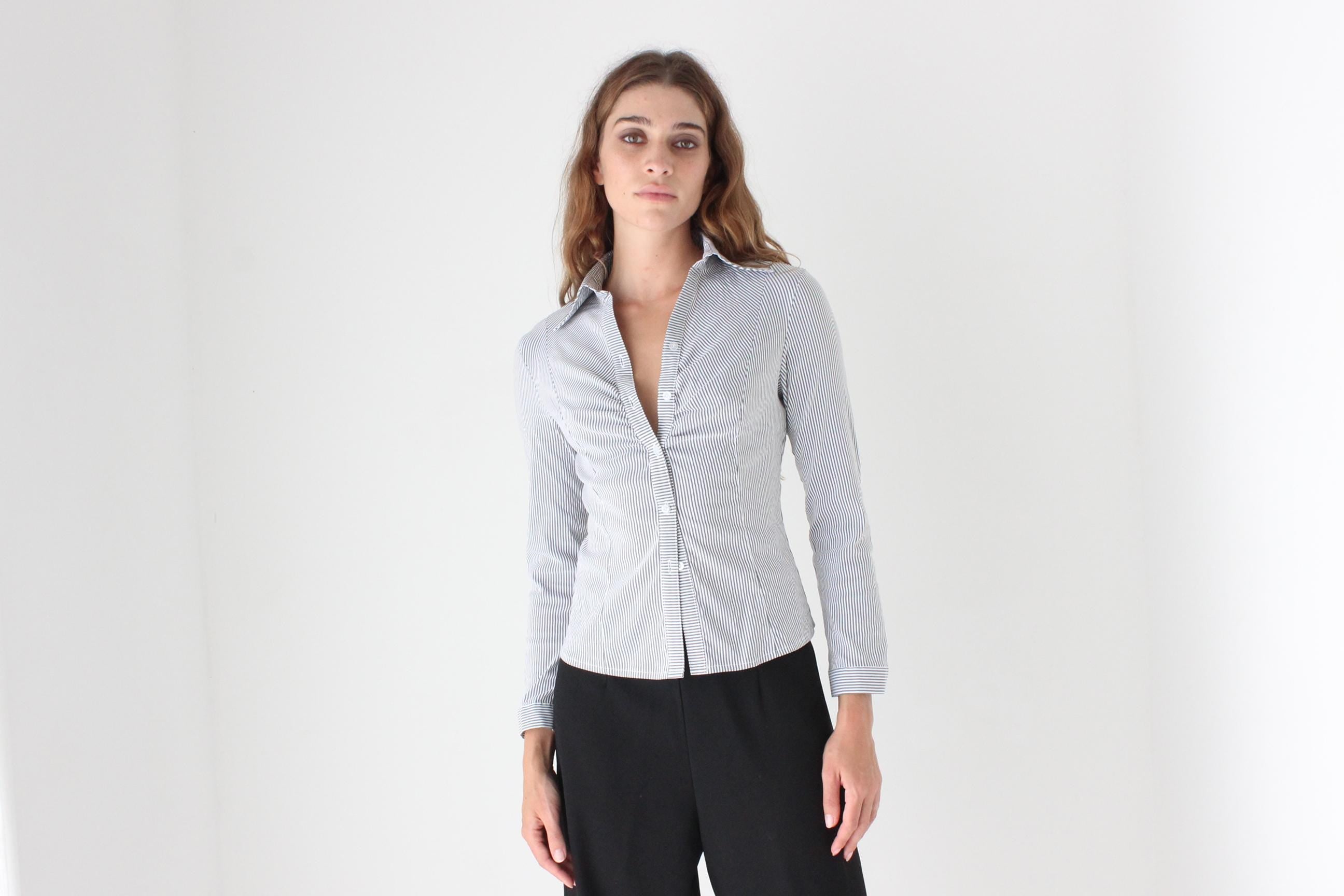 Y2K Grey & White Stripe Sexy Collared Top