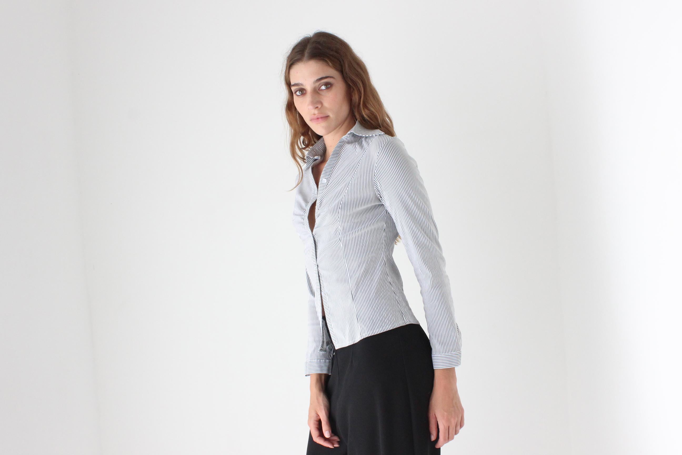 Y2K Grey & White Stripe Sexy Collared Top