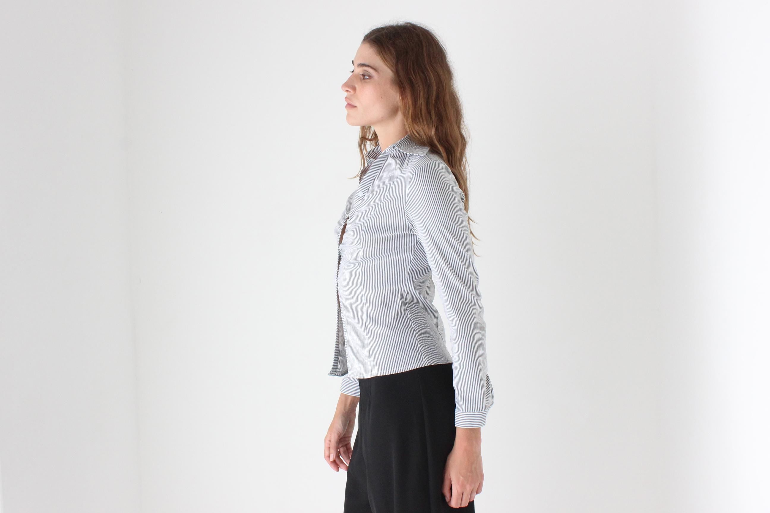 Y2K Grey & White Stripe Sexy Collared Top