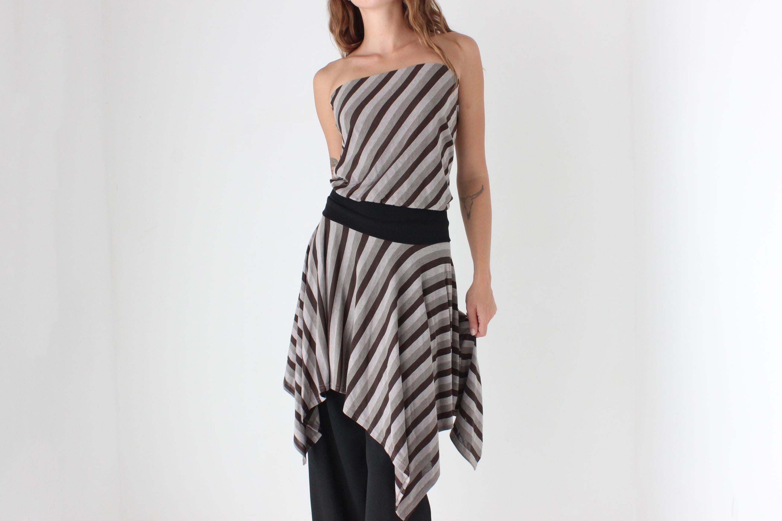Y2K Grey Tone Striped Jagged Hem Dress