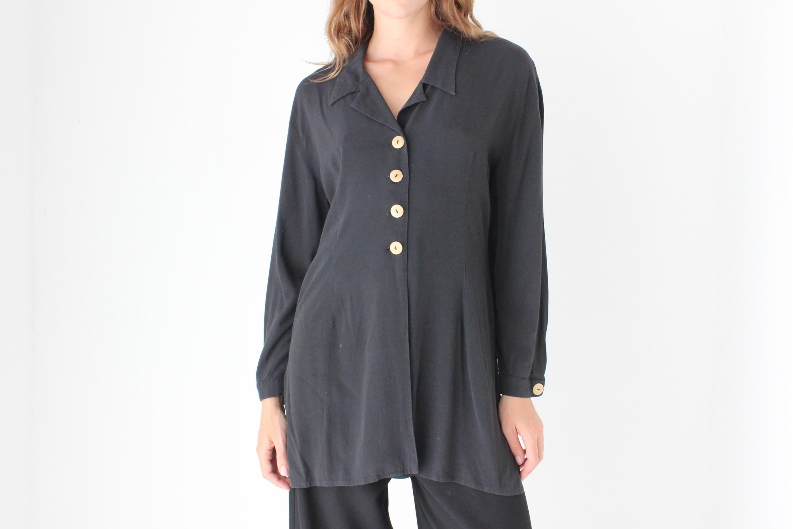 90s Relaxed Silk-Feel Black Shirt