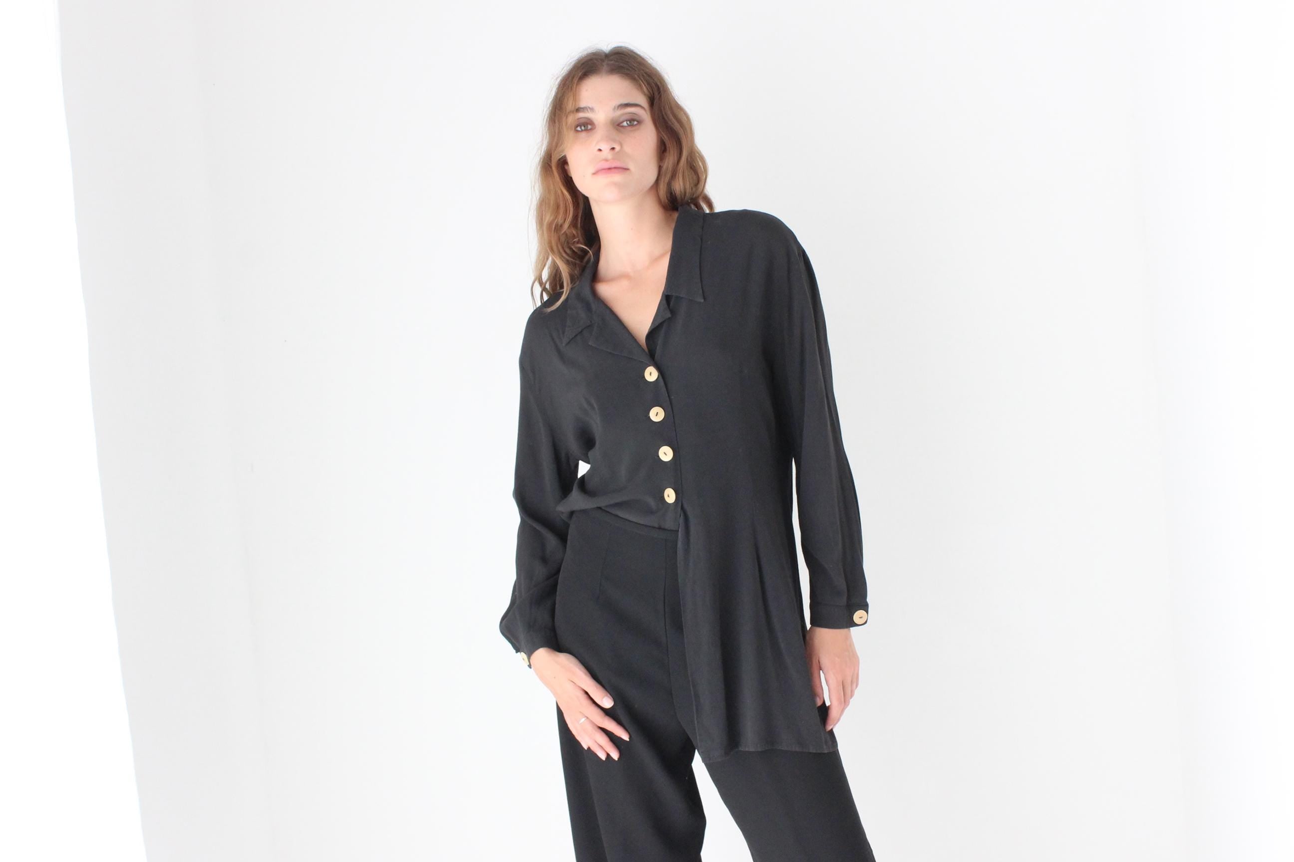 90s Relaxed Silk-Feel Black Shirt