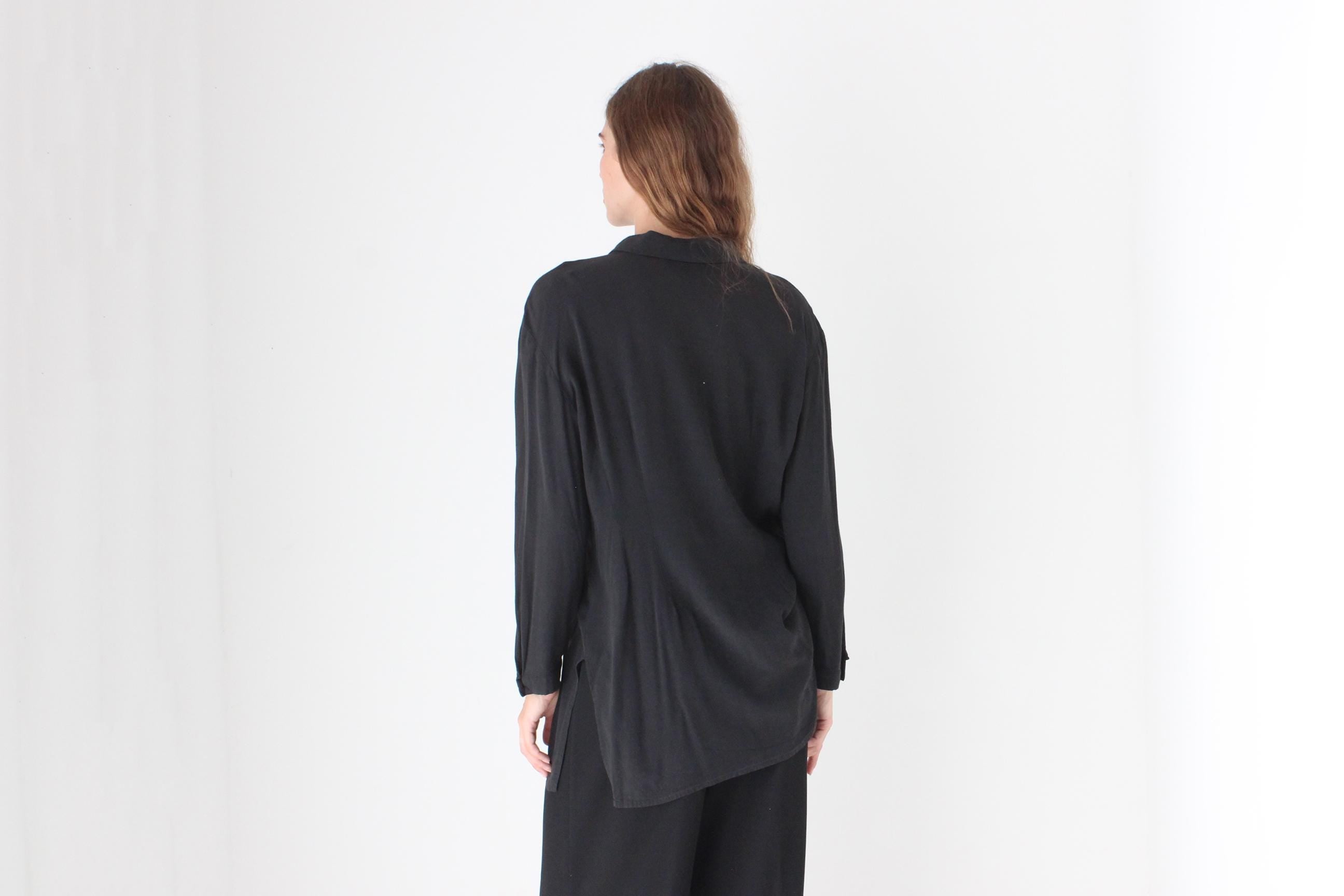 90s Relaxed Silk-Feel Black Shirt
