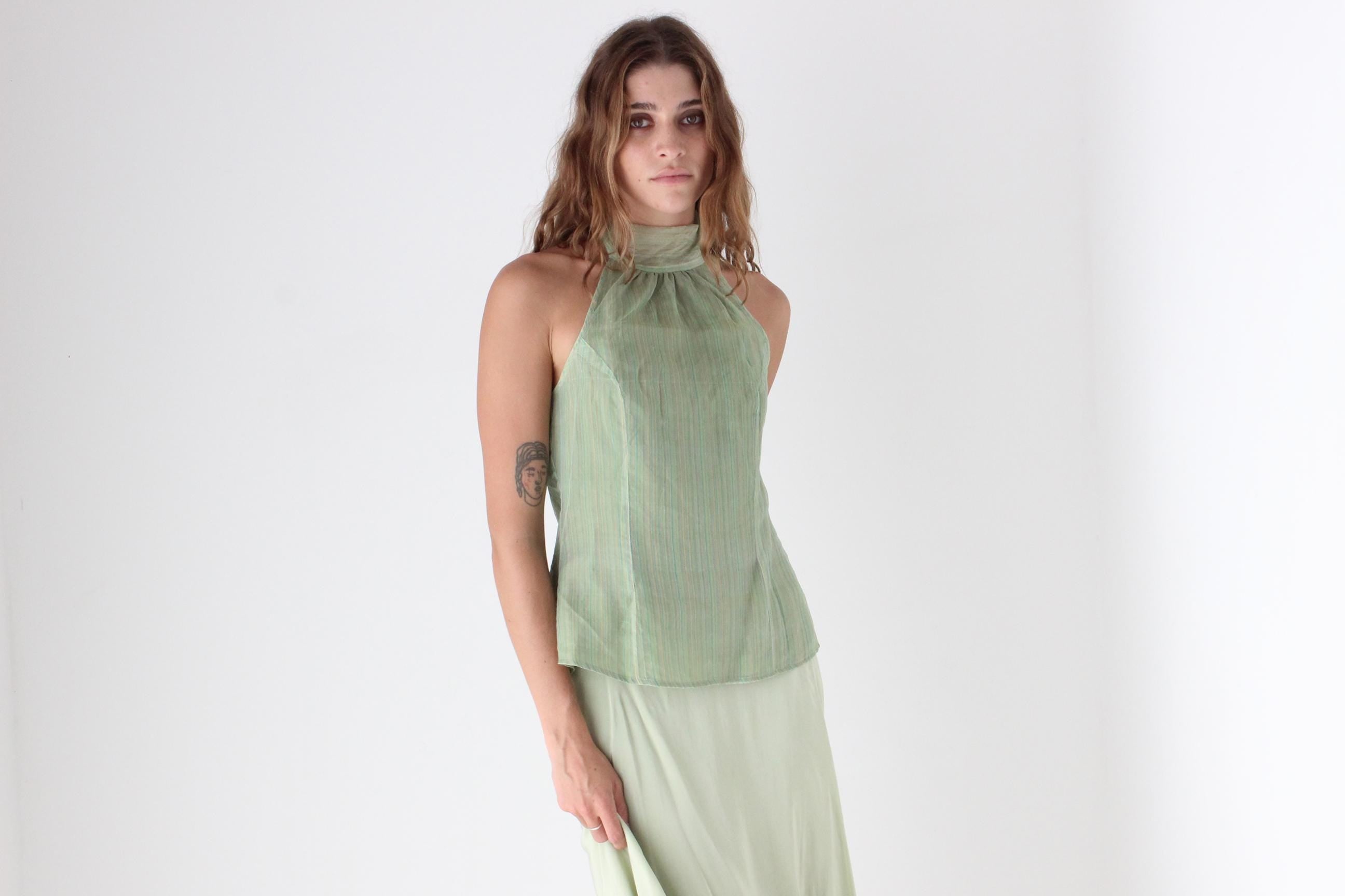 Y2K Pastel Silk Organza Tie Up Halter Top