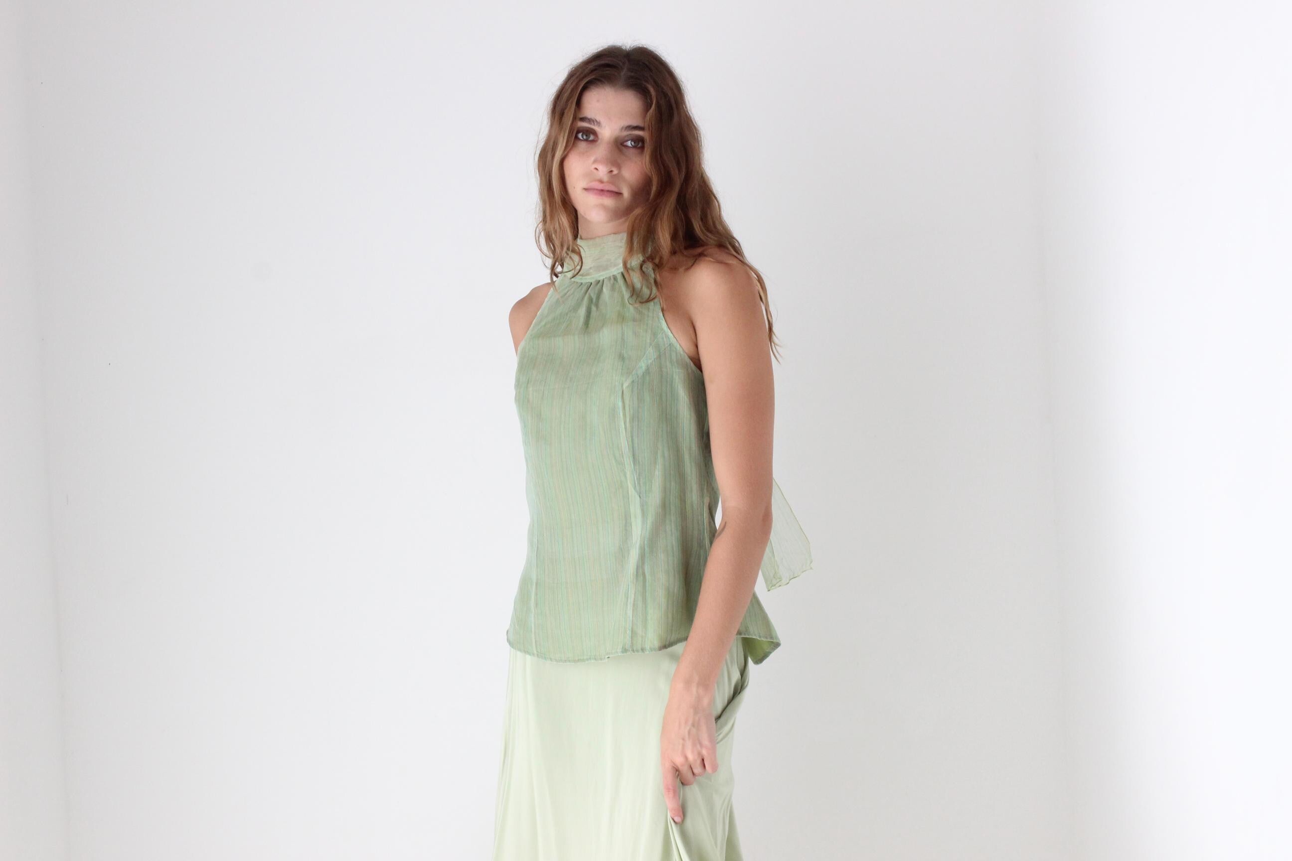Y2K Pastel Silk Organza Tie Up Halter Top