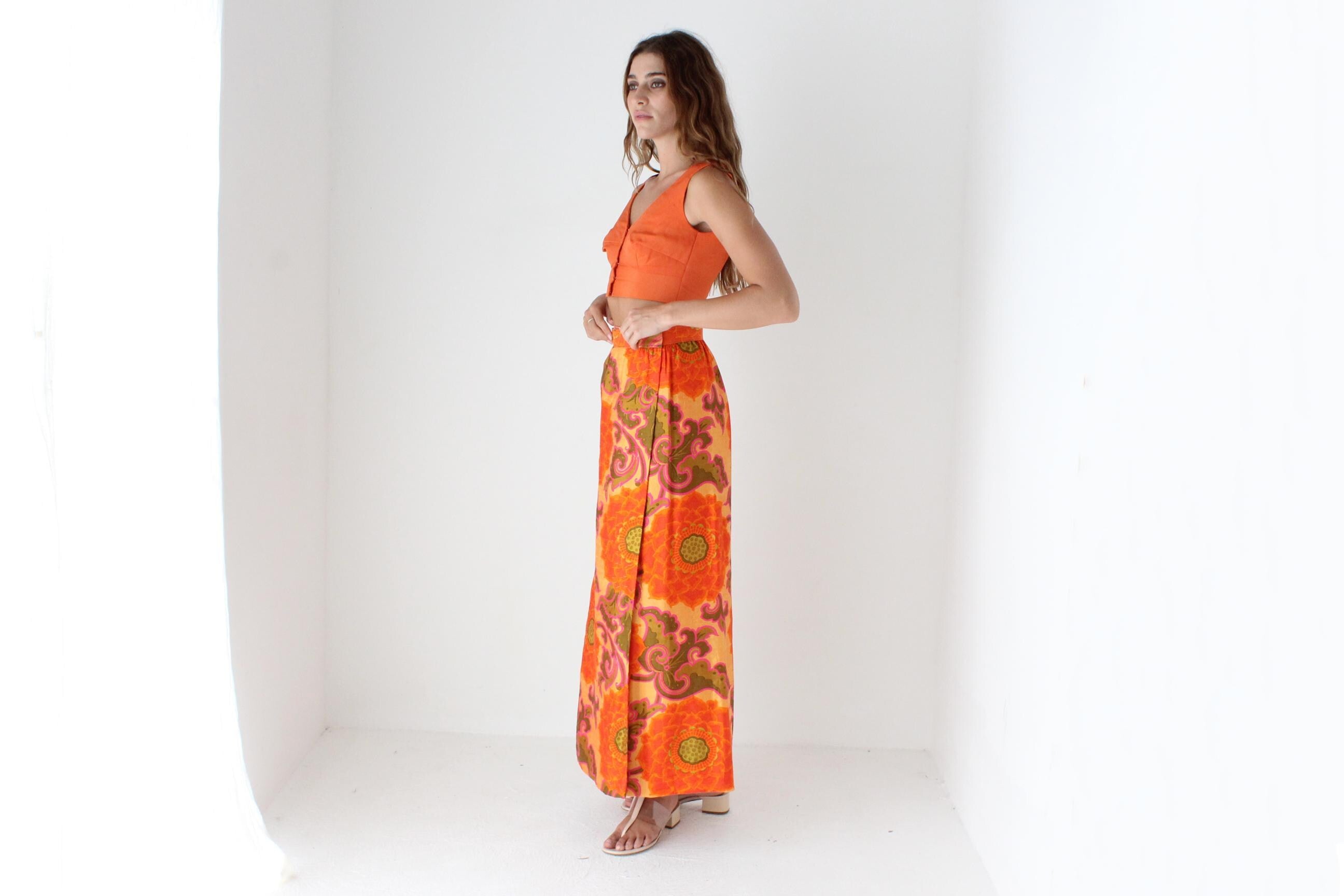 70s Handwoven Thai Silk Psychedelic Column Skirt