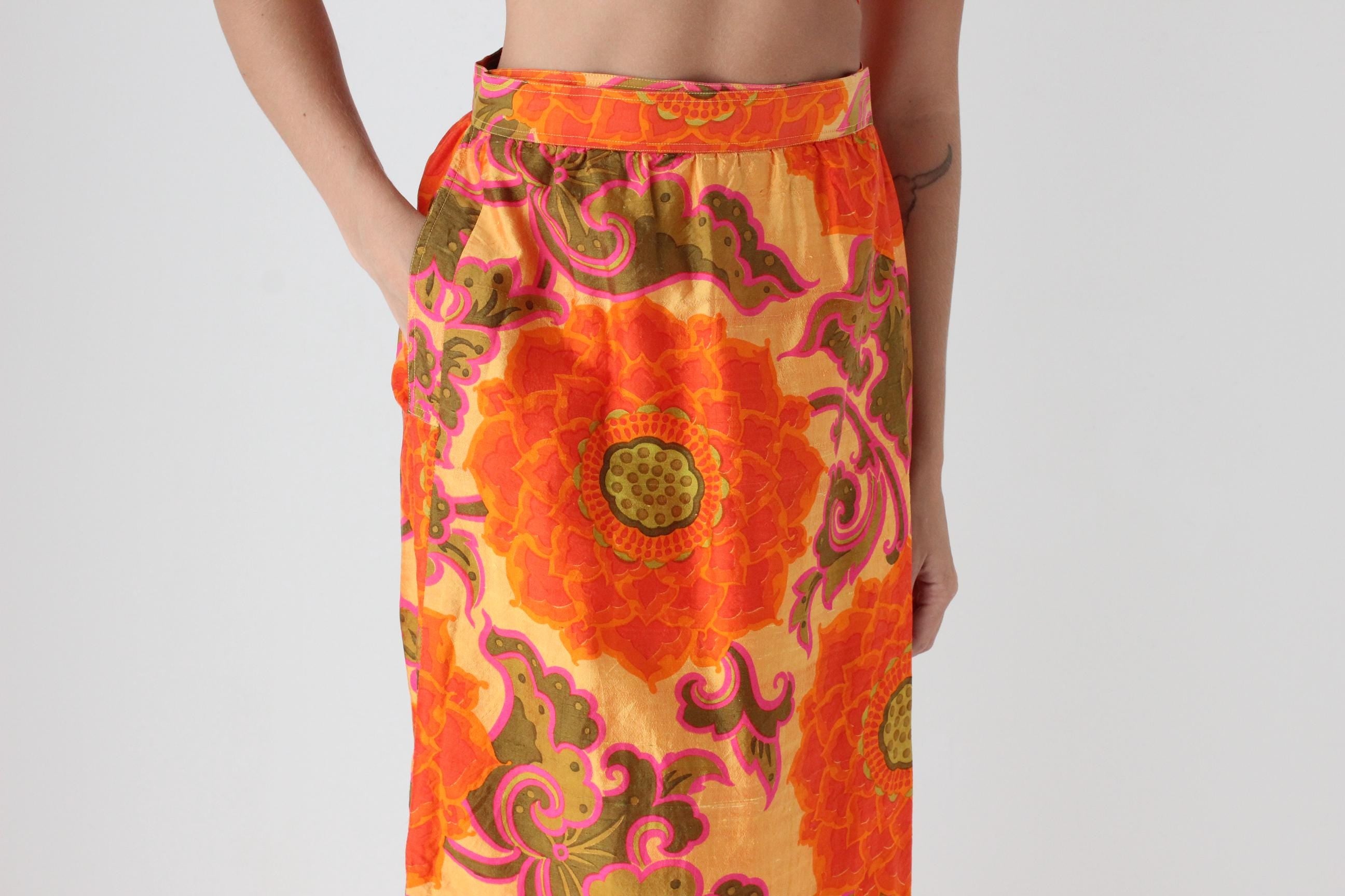 70s Handwoven Thai Silk Psychedelic Column Skirt