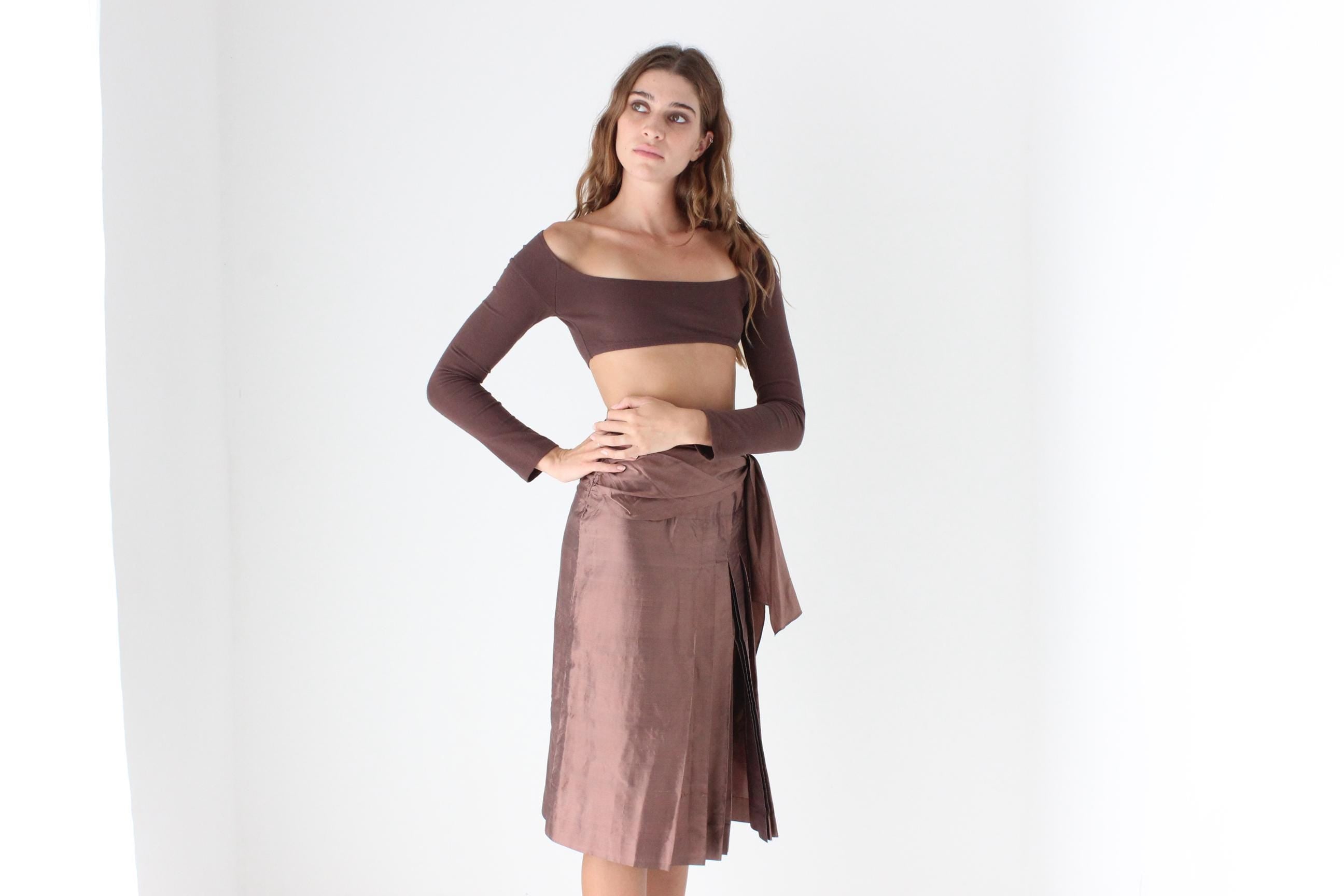 Interesting 80s Silk Taffeta Kilt Skirt w/ Sash Tie