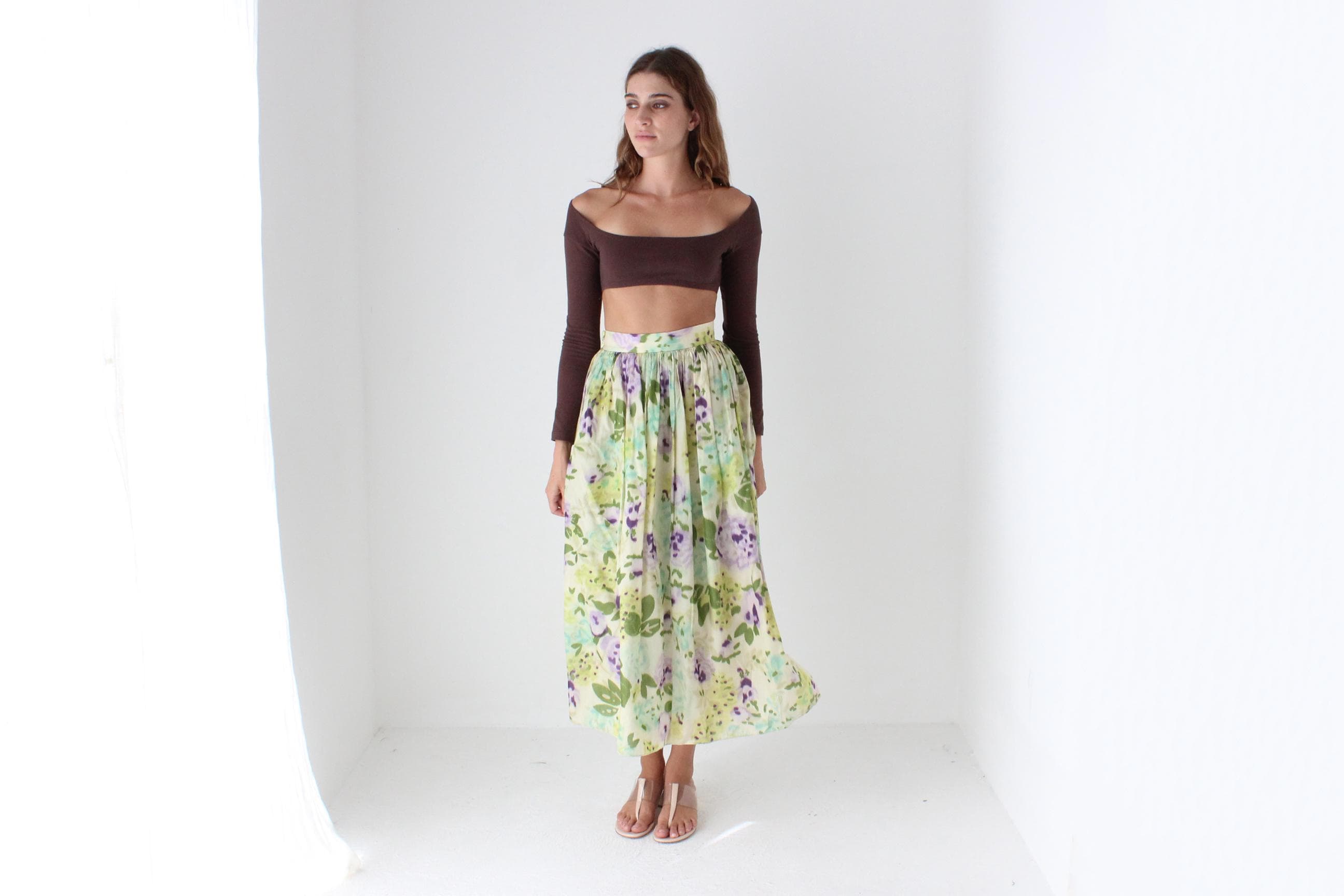 80s Pure Silk Watercolour Floral Skirt