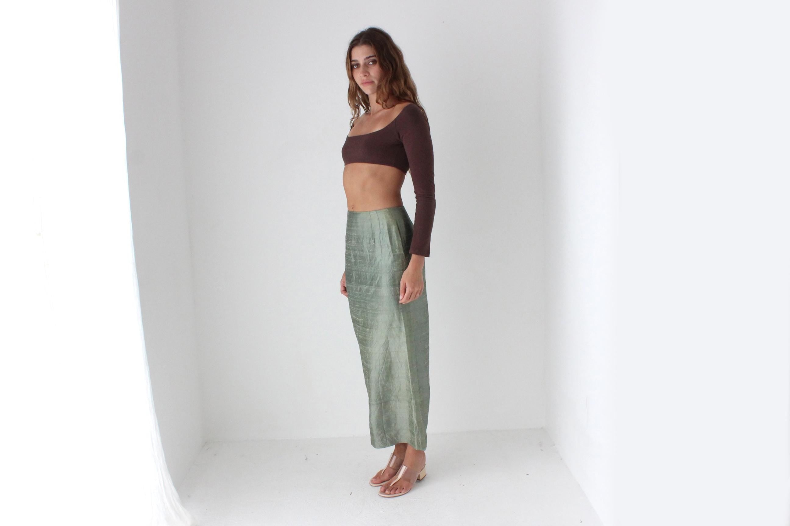 80s Moss Green Raw Silk Column Skirt