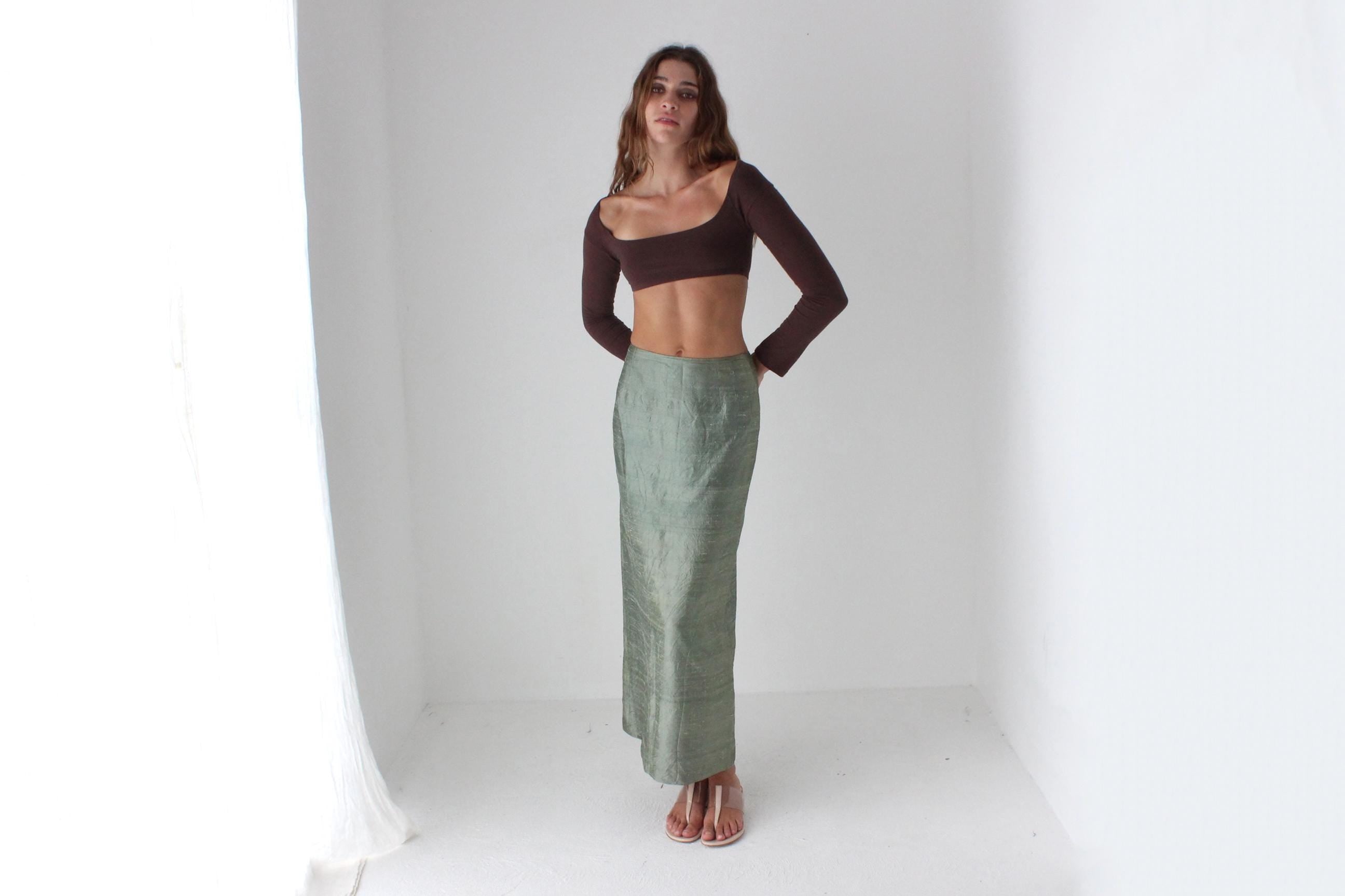80s Moss Green Raw Silk Column Skirt