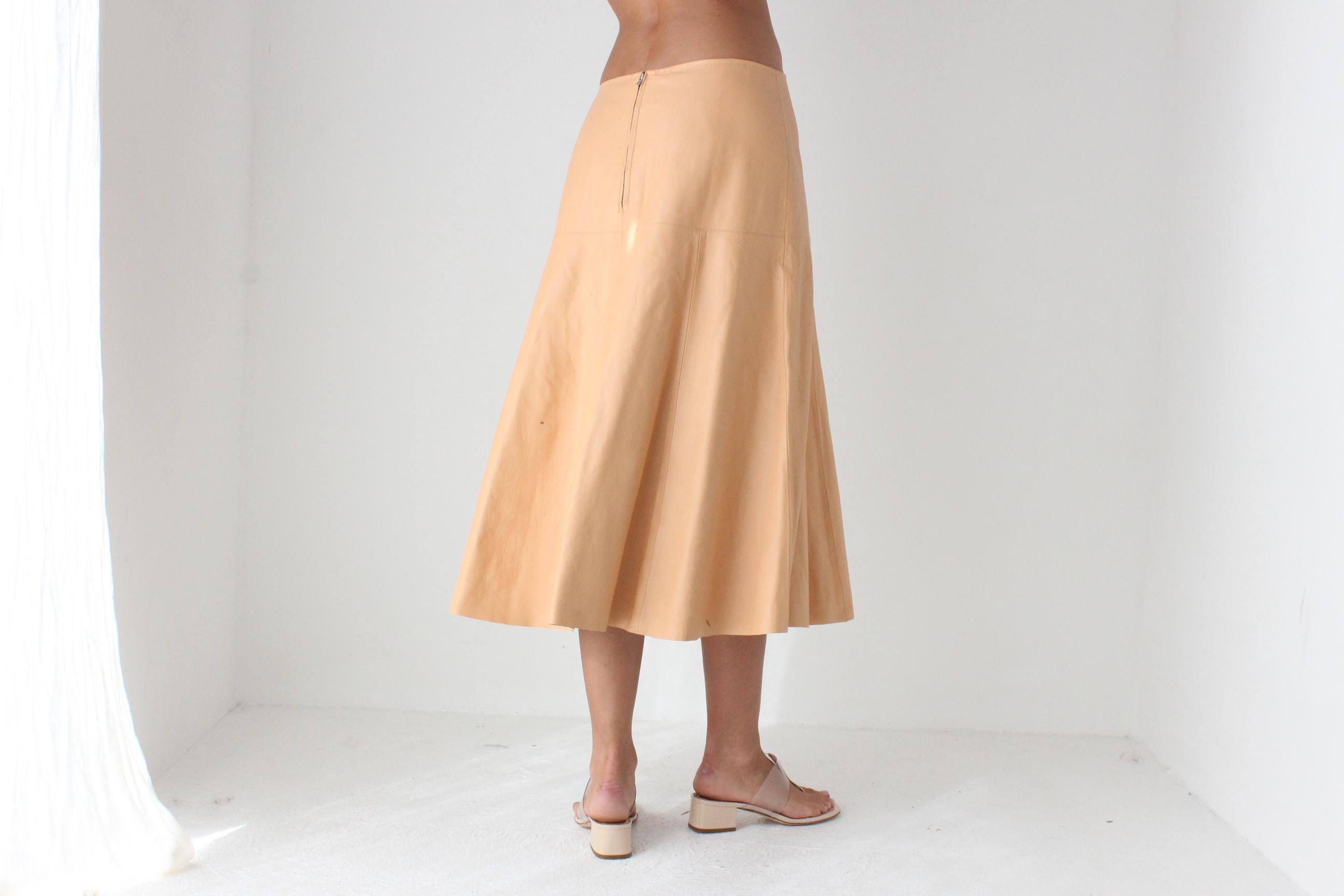Pastel Peach Genuine Leather Midi Skirt