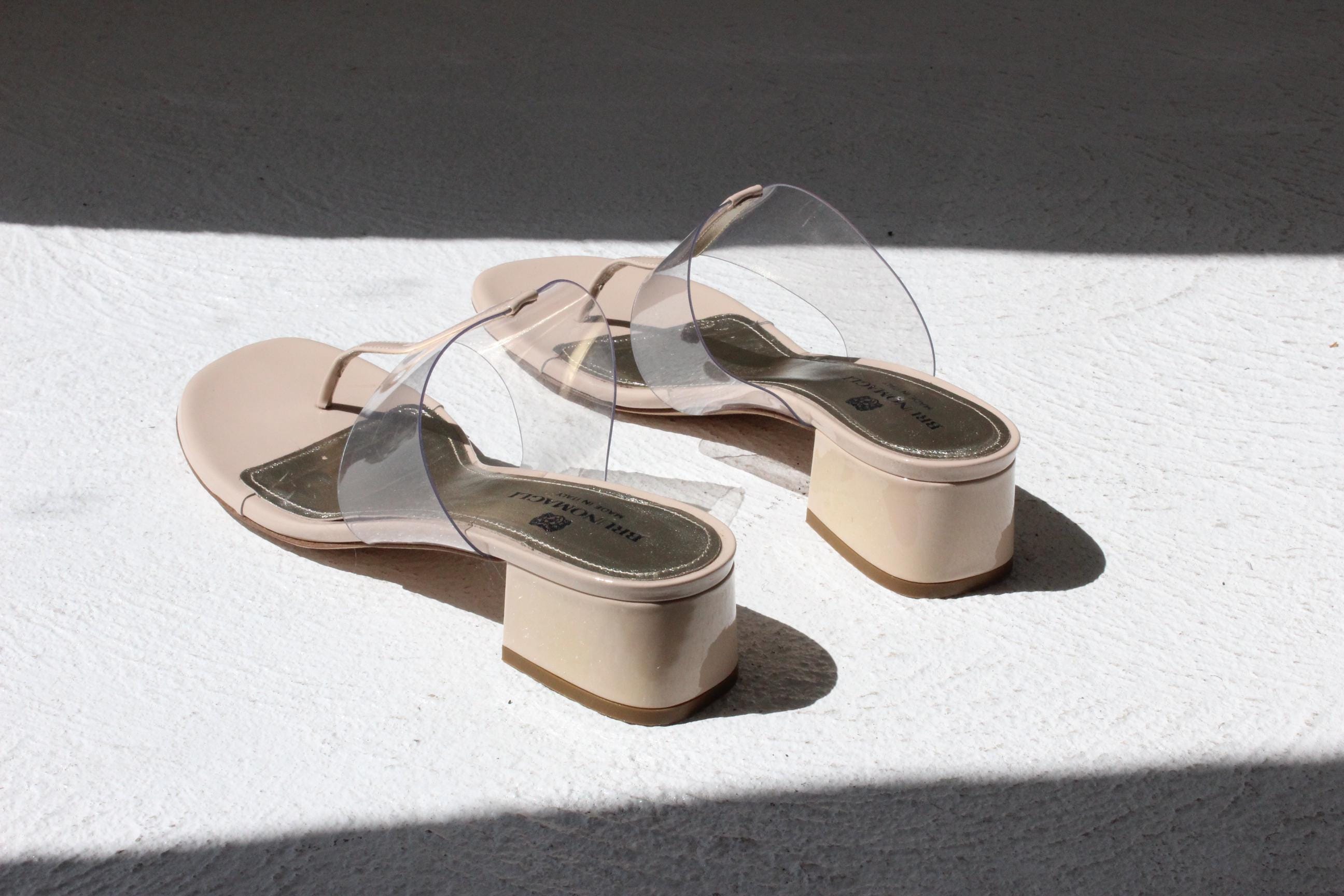2000s Bruno Magli Neutral Leather T Bar Transparent Sandals - Euro 39