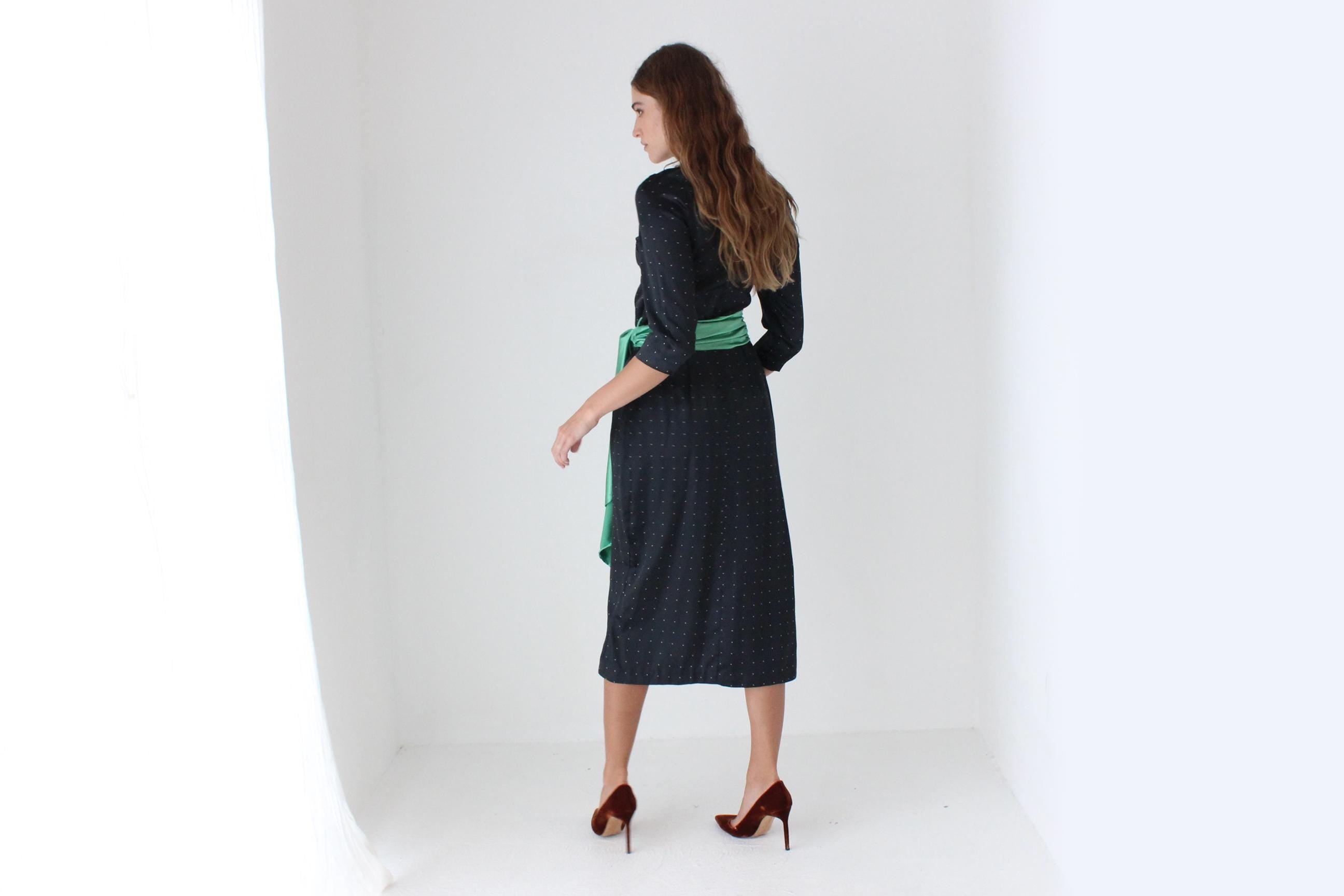 70s Polka Dot Satin Dress w/ Green Sash