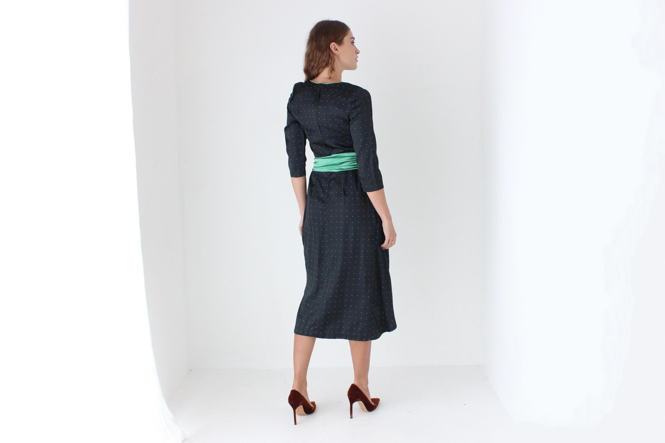 70s Polka Dot Satin Dress w/ Green Sash