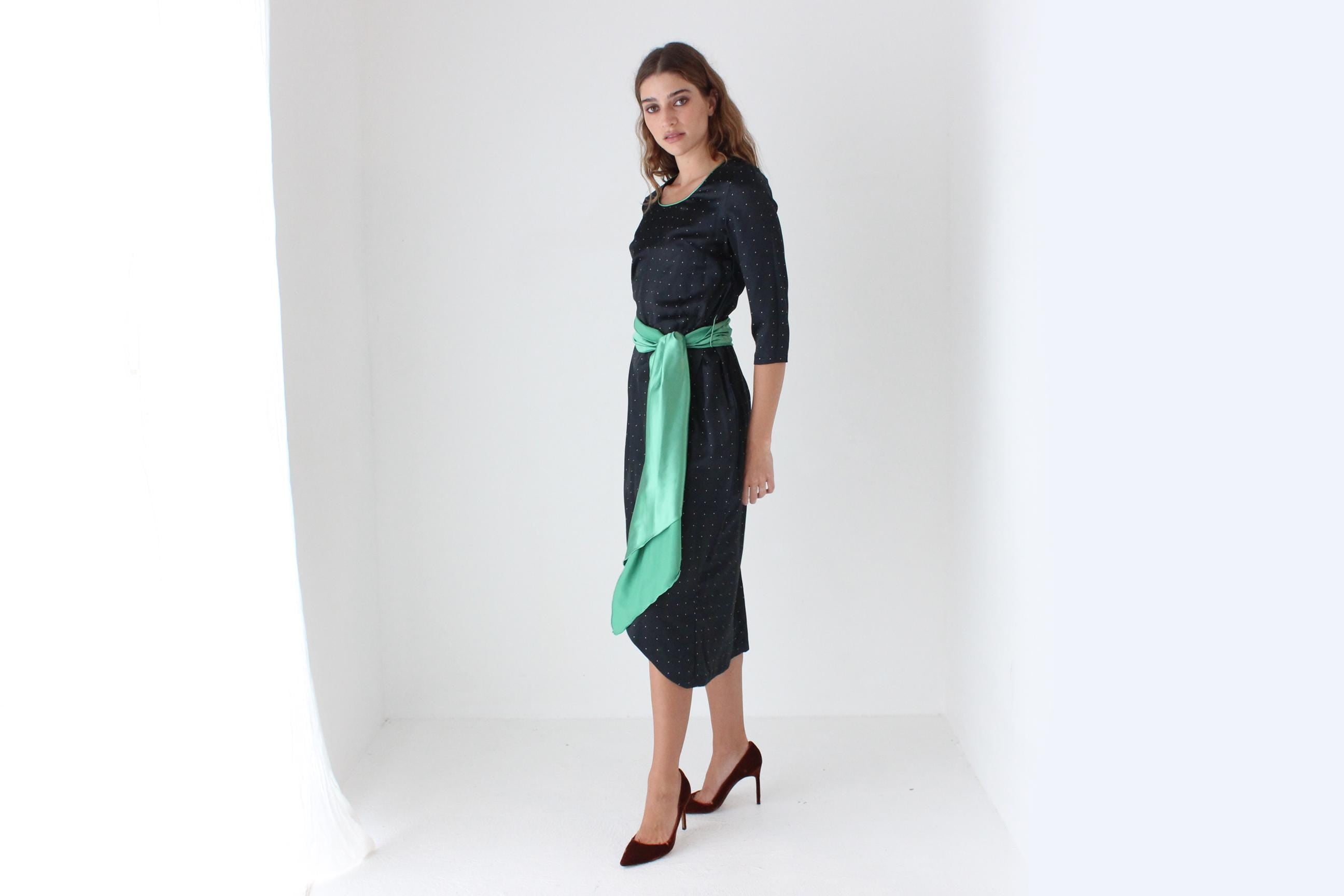 70s Polka Dot Satin Dress w/ Green Sash