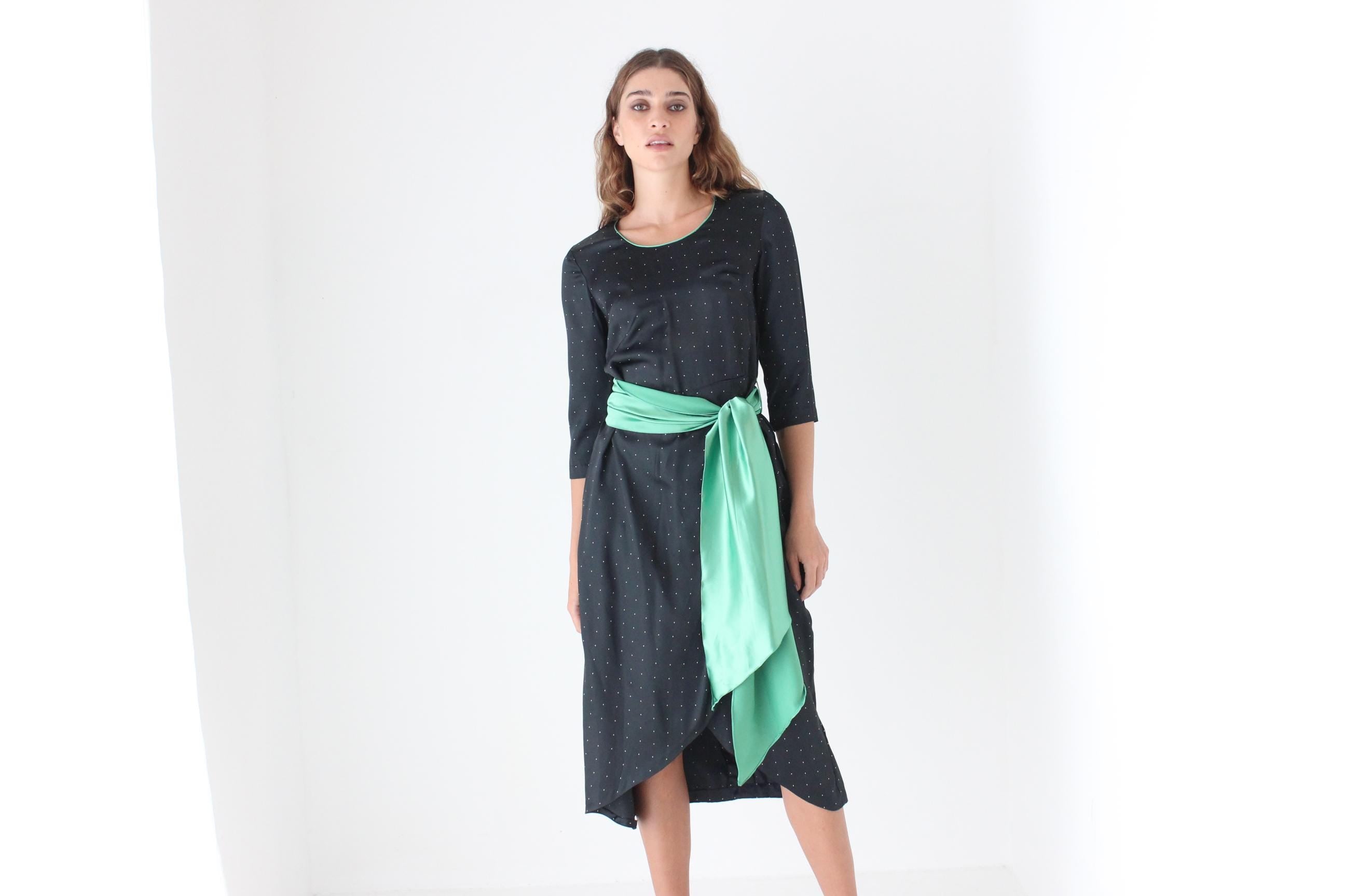 70s Polka Dot Satin Dress w/ Green Sash