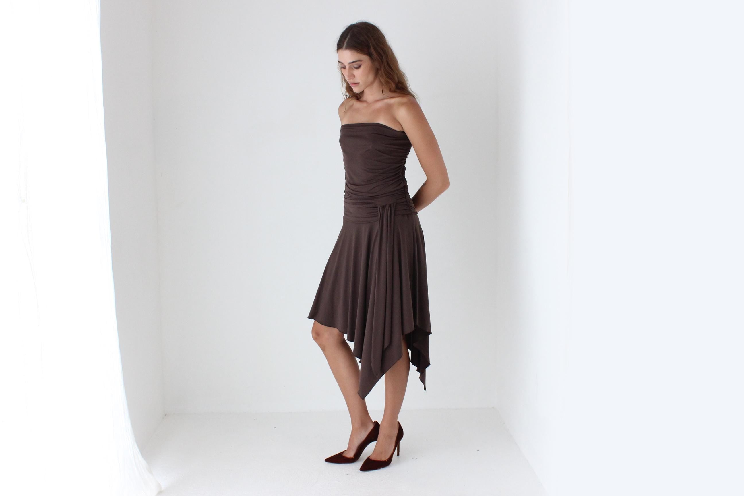 Y2K Slinky Strapless Handkerchief Hem Dress
