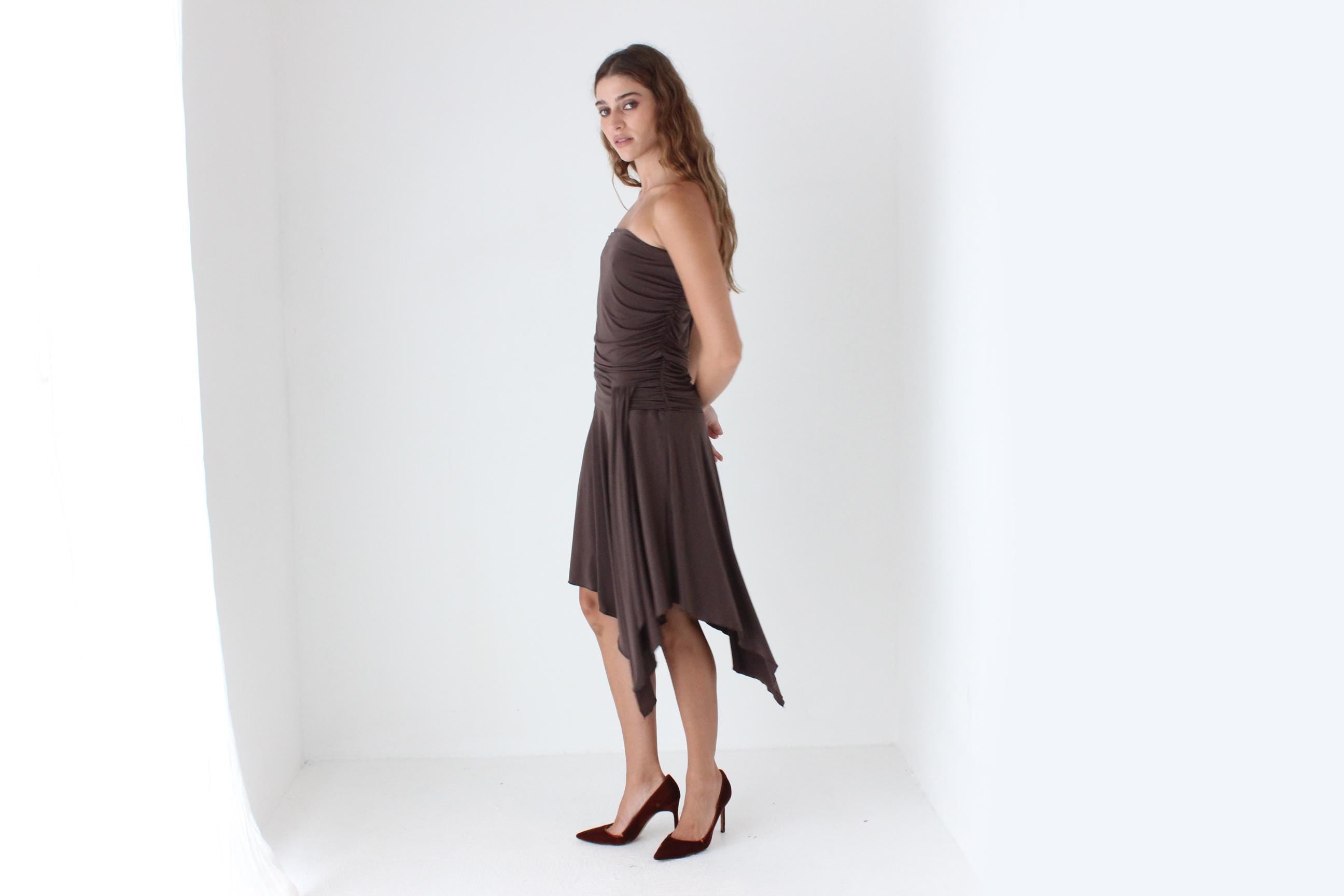 Y2K Slinky Strapless Handkerchief Hem Dress