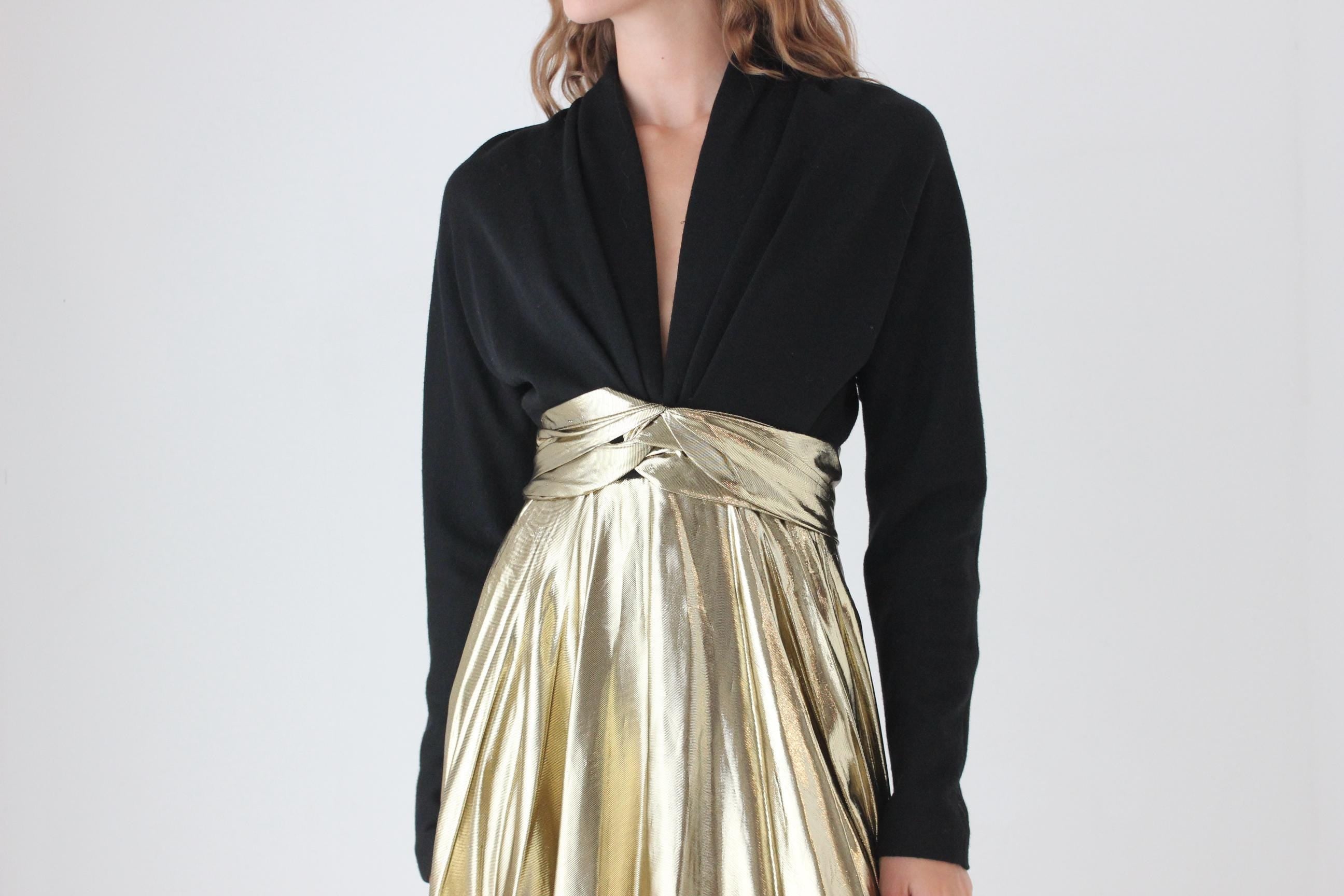 80s Black Knit & Gold Lamé Disco Dress