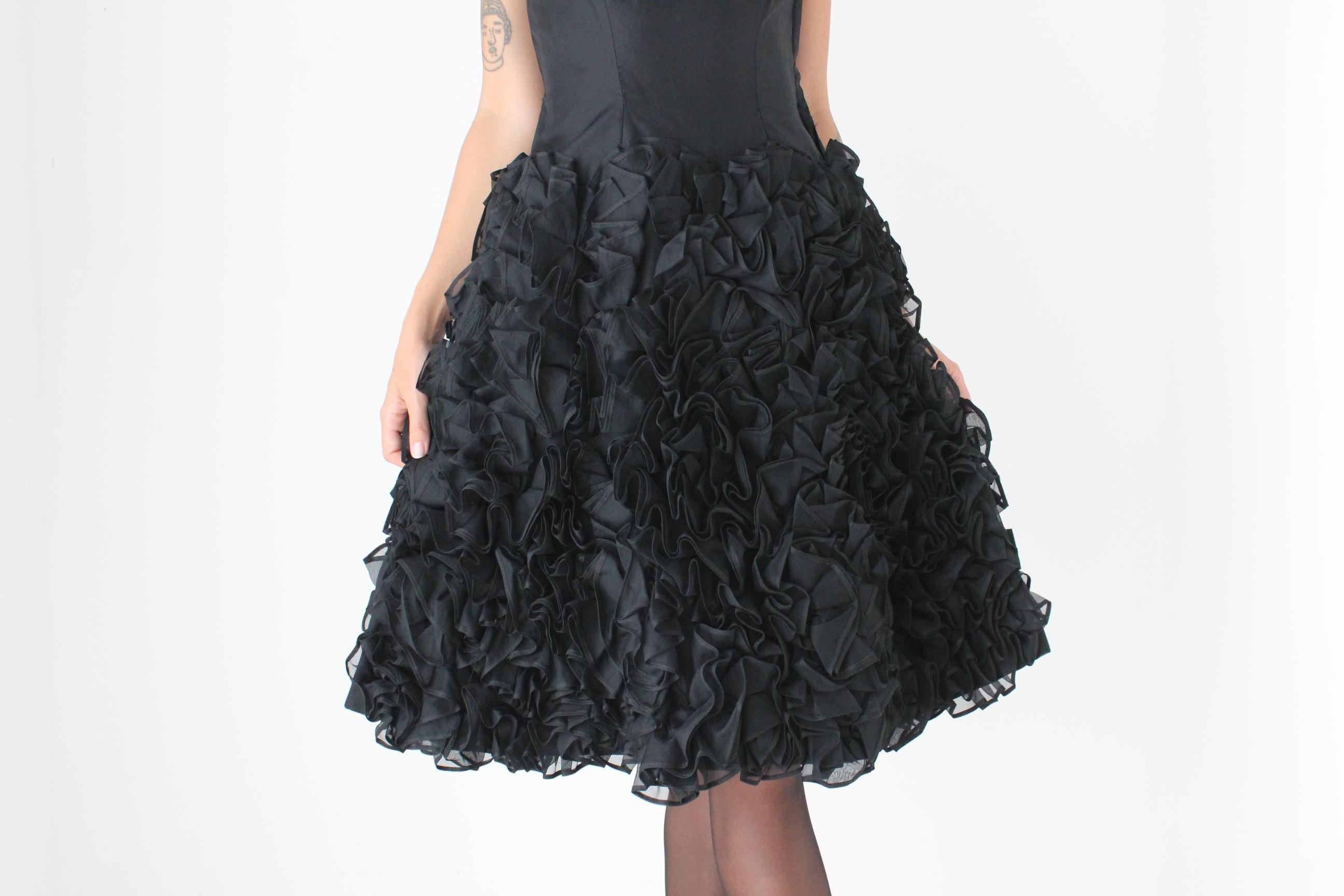 60s Bustier Party Dress w/ Textural Organza Ruffle Skirt