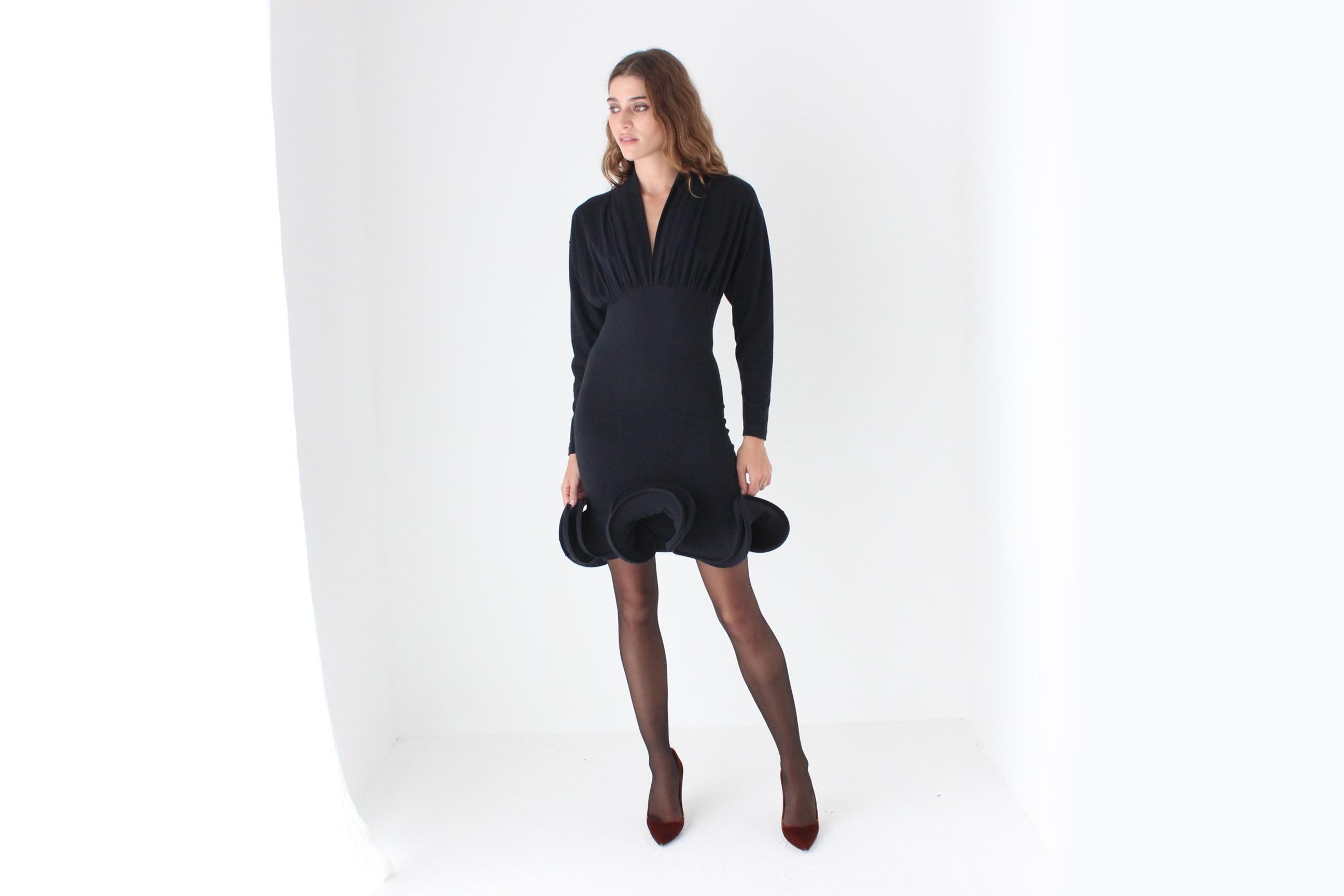 Iconic 80s Plunge Neck Mini w/ 3D Wired Ruffles