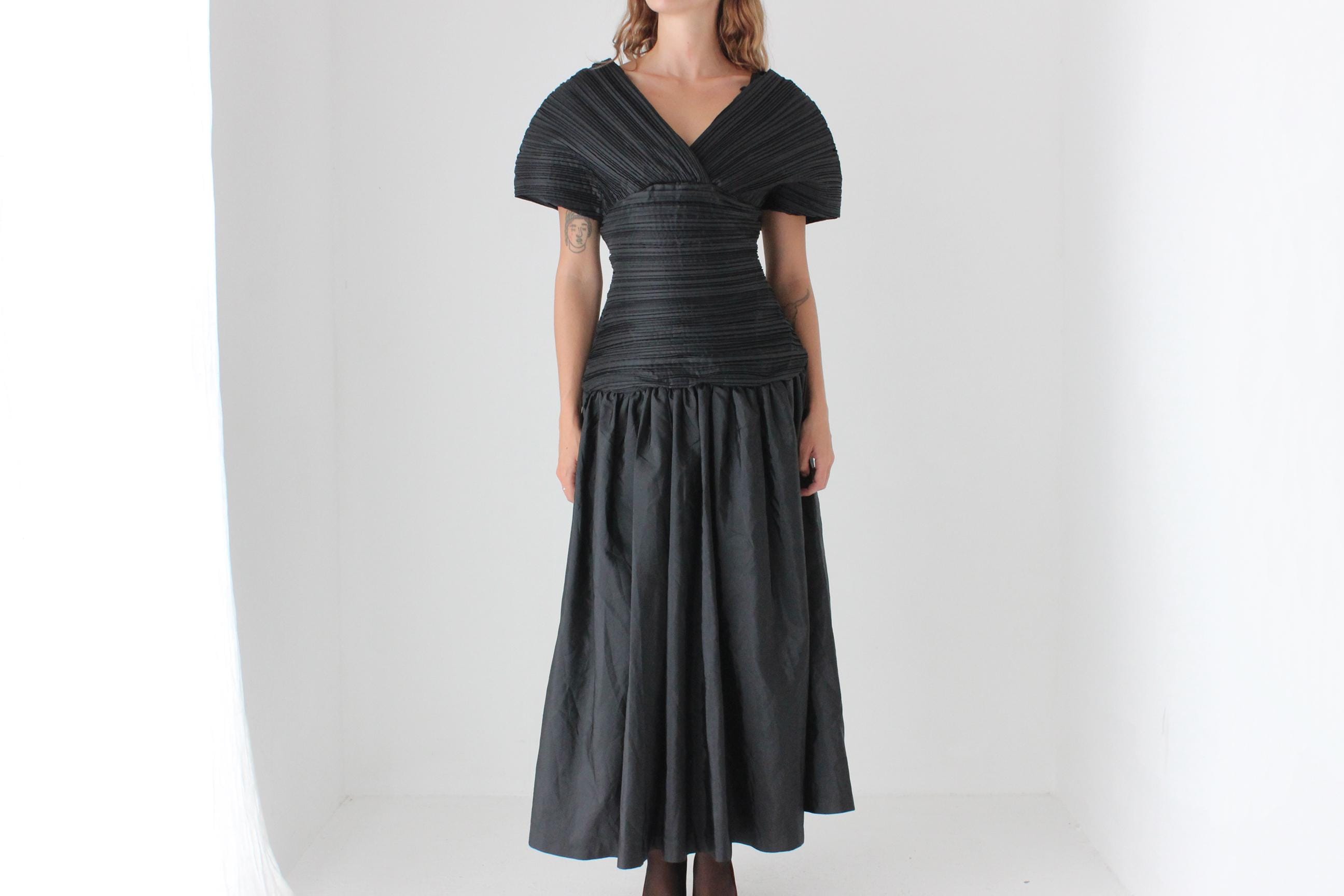 80s Lisa Ho Origami Plisse Taffeta Dress