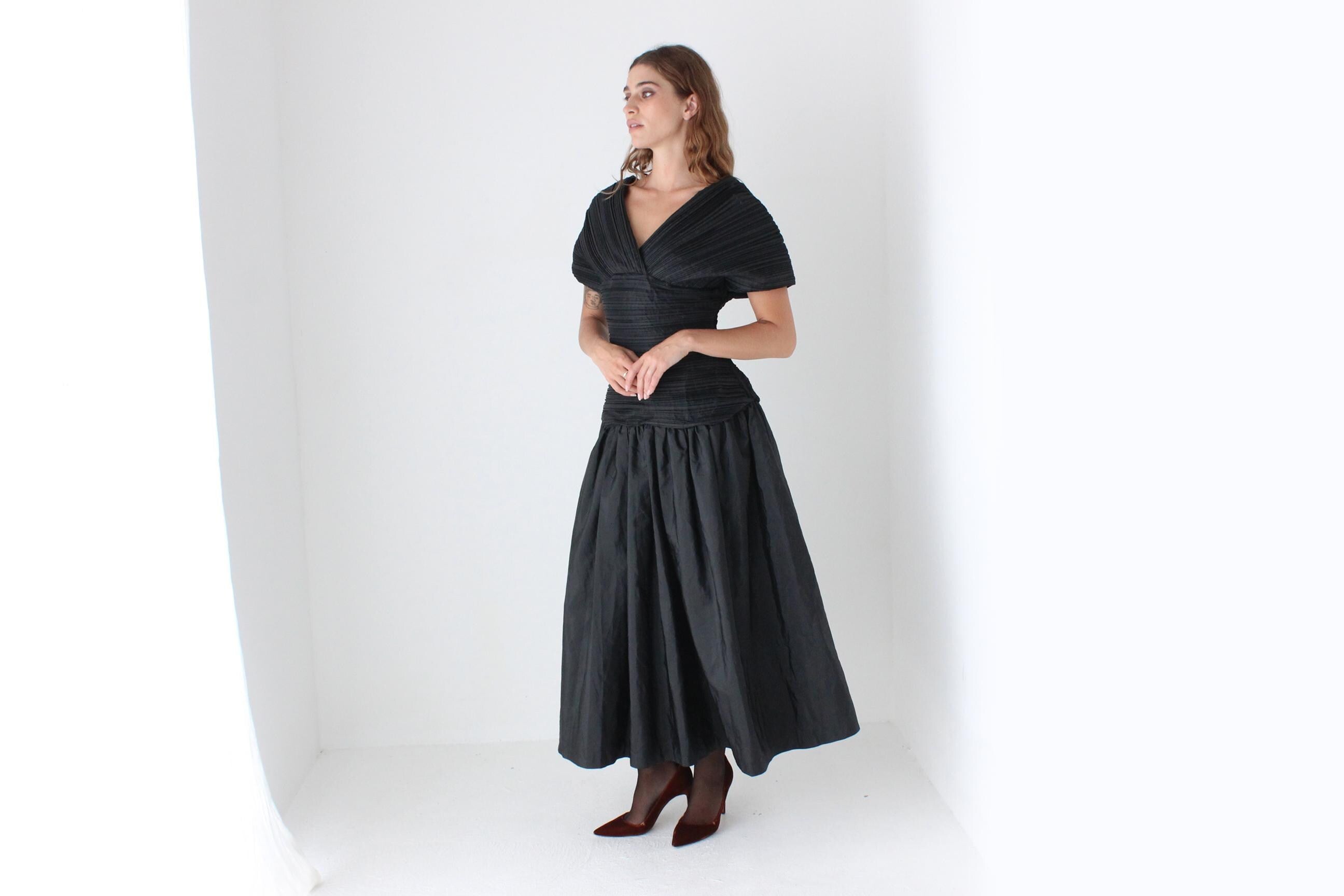 80s Lisa Ho Origami Plisse Taffeta Dress