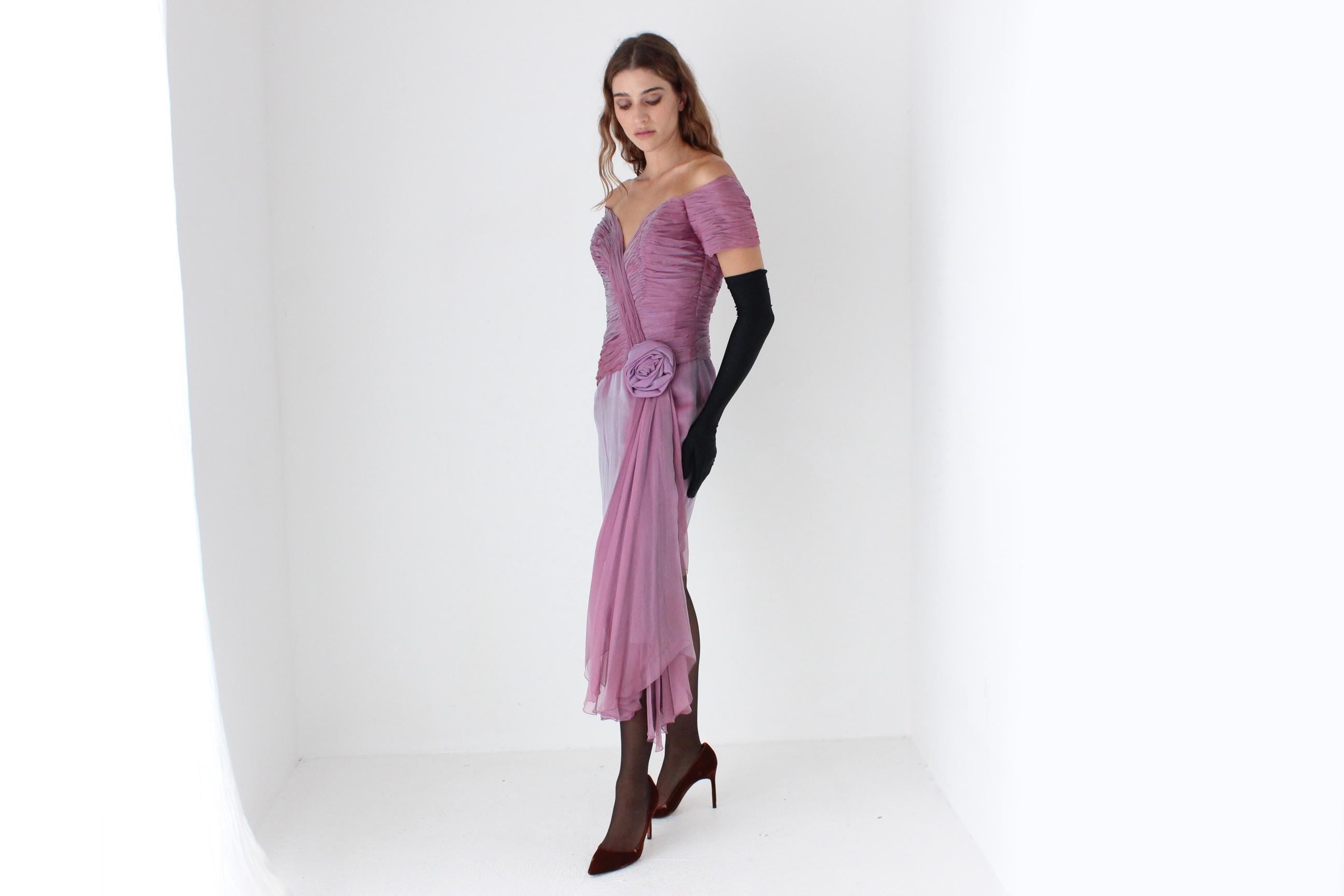 80s Vicky Tiel Couture Silk Gathered Off Shoulder Cocktail Mini Dress