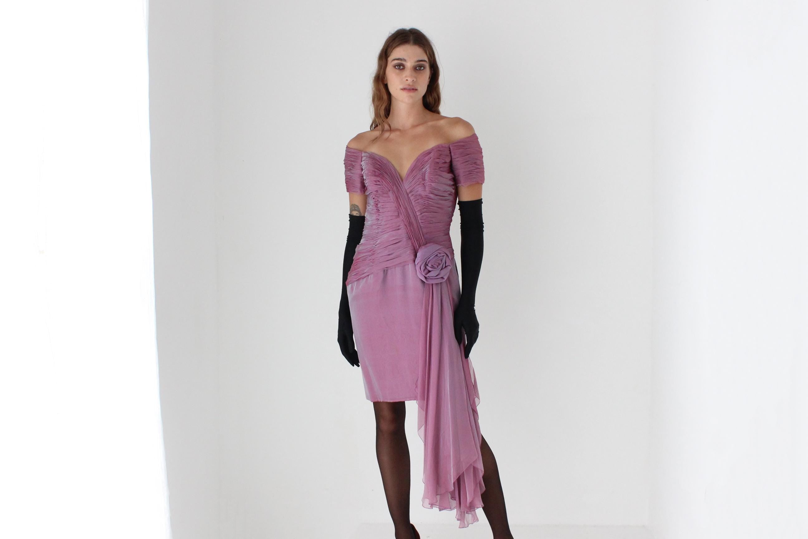 80s Vicky Tiel Couture Silk Gathered Off Shoulder Cocktail Mini Dress