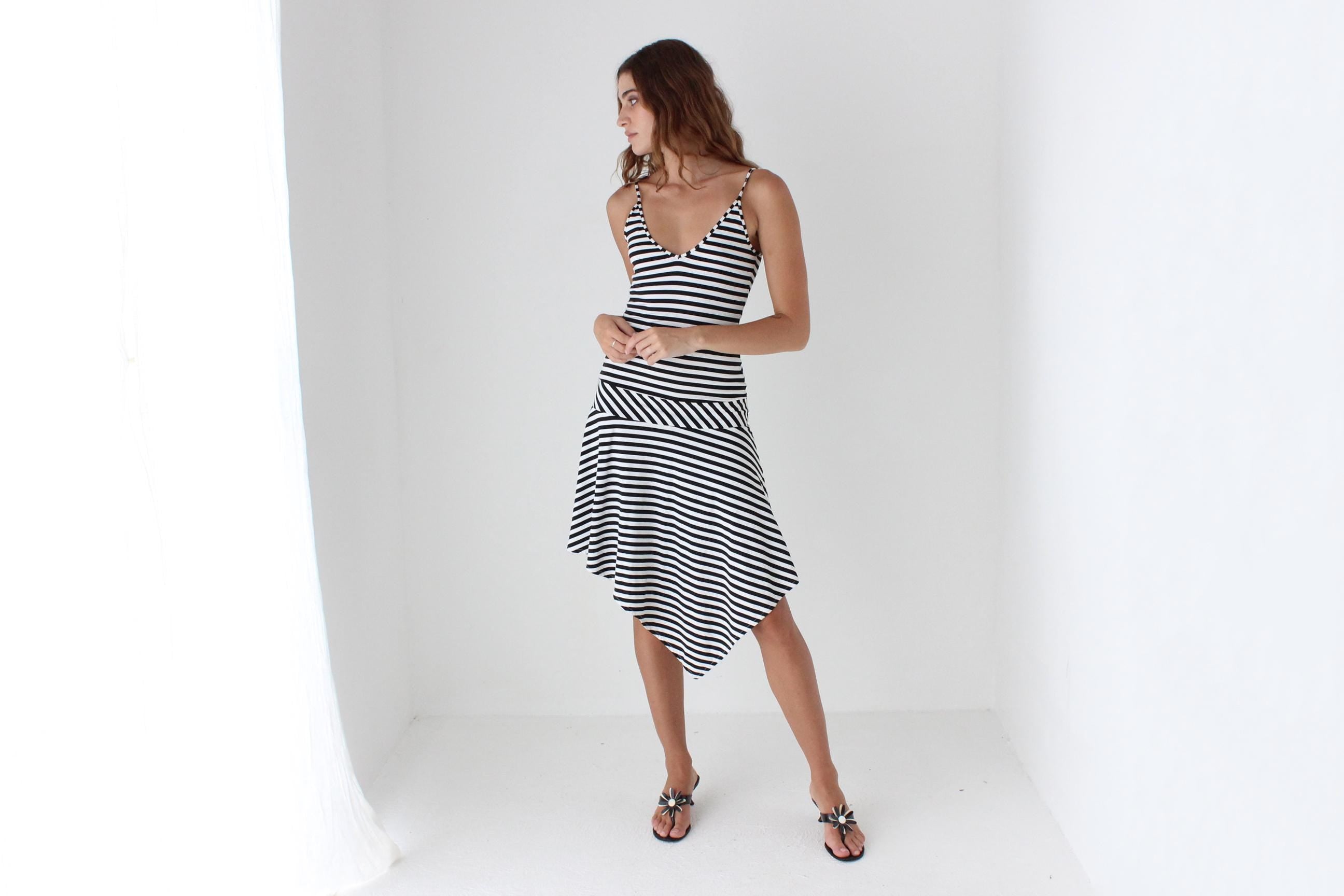 Y2K Stretch Black & White Striped Asymmetric Strappy Dress