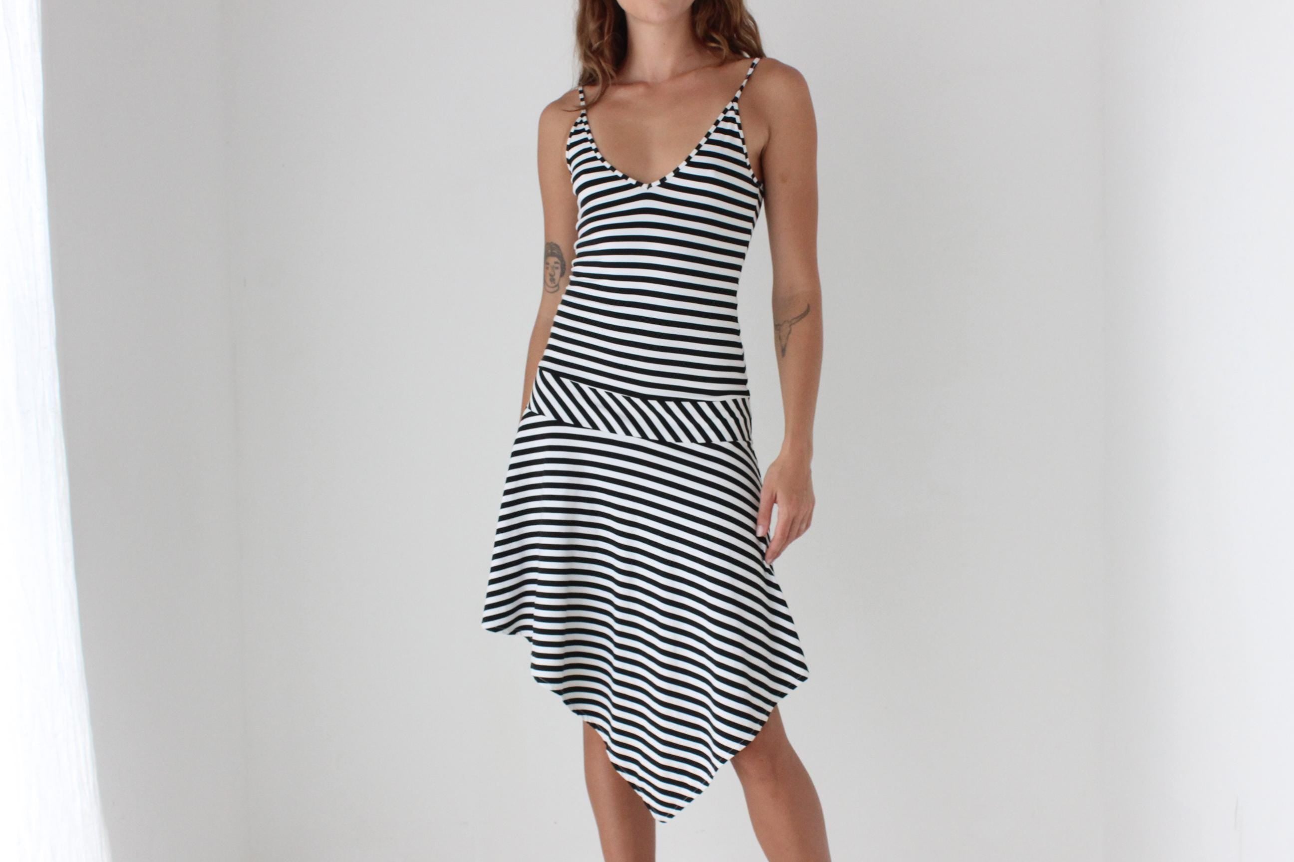 Y2K Stretch Black & White Striped Asymmetric Strappy Dress