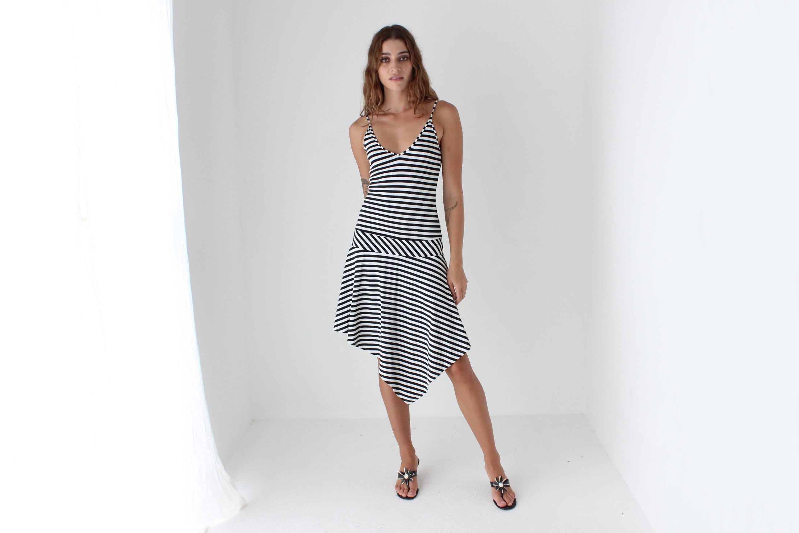 Y2K Stretch Black & White Striped Asymmetric Strappy Dress