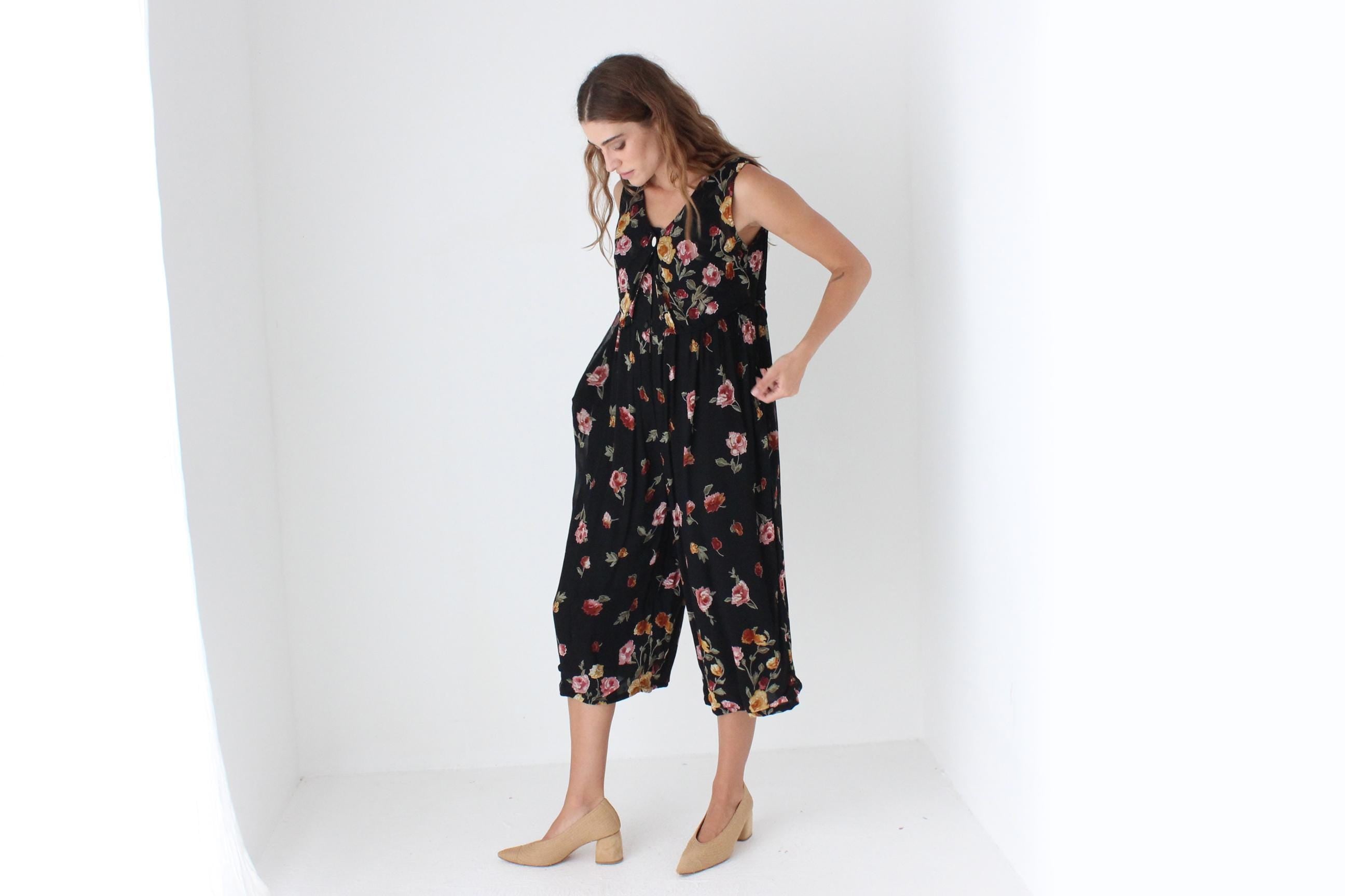 90s Floral Gauze Culotte Jumpsuit