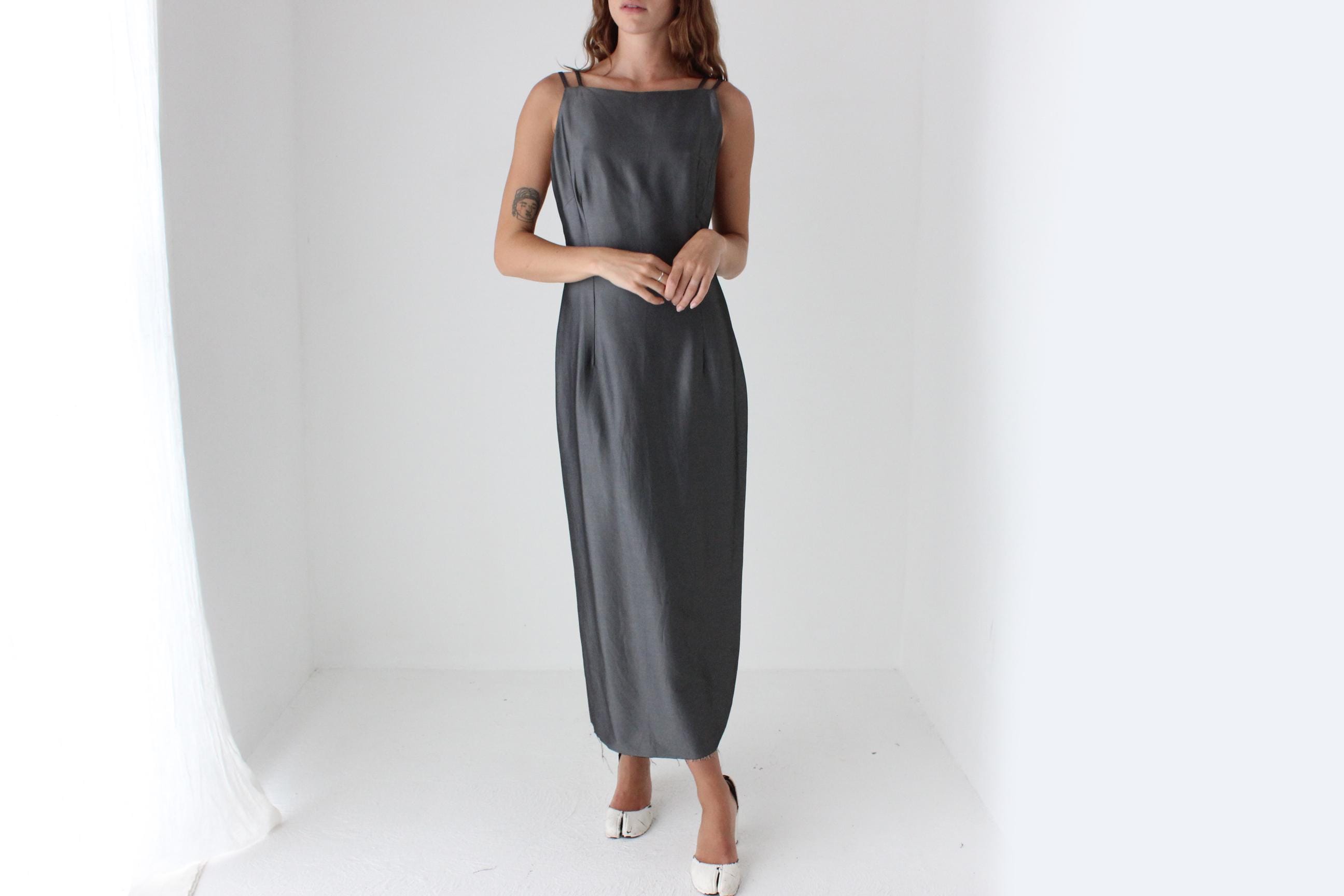 90s Metallic Pewter Square Neck Midi Dress