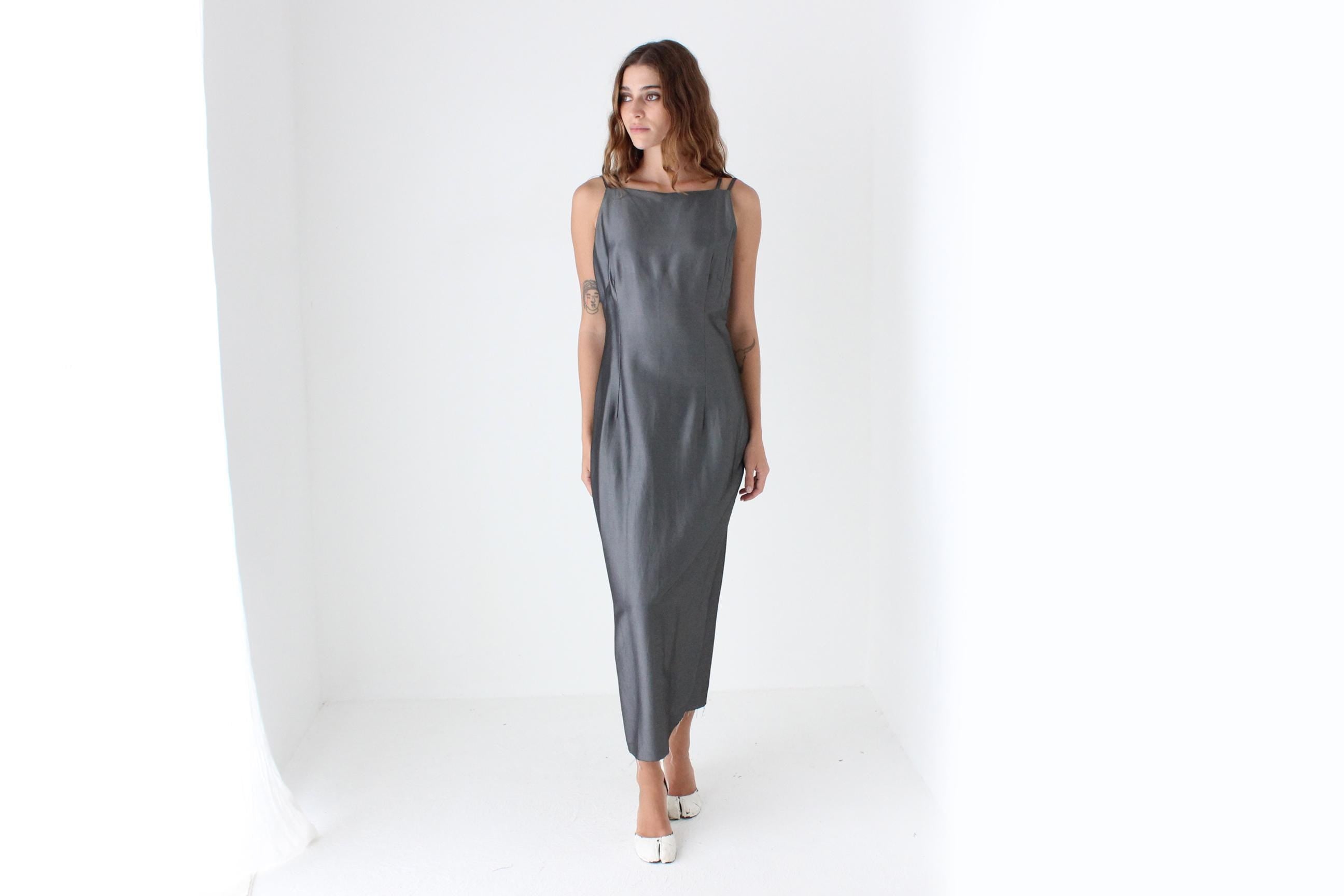 90s Metallic Pewter Square Neck Midi Dress