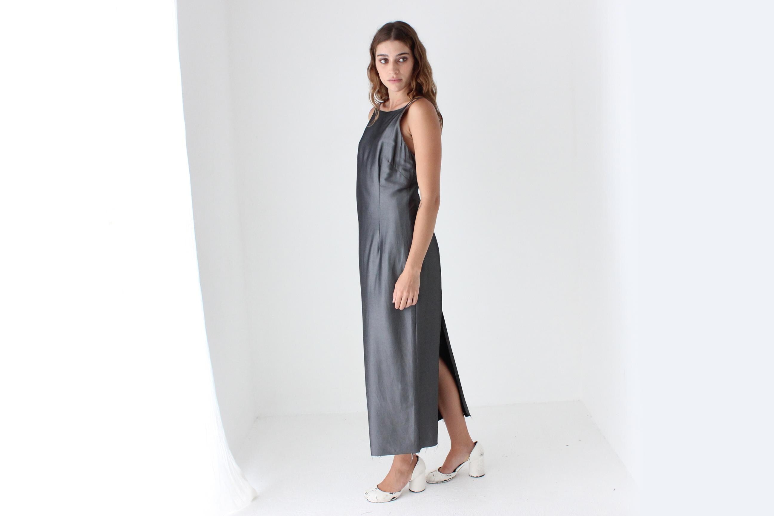 90s Metallic Pewter Square Neck Midi Dress