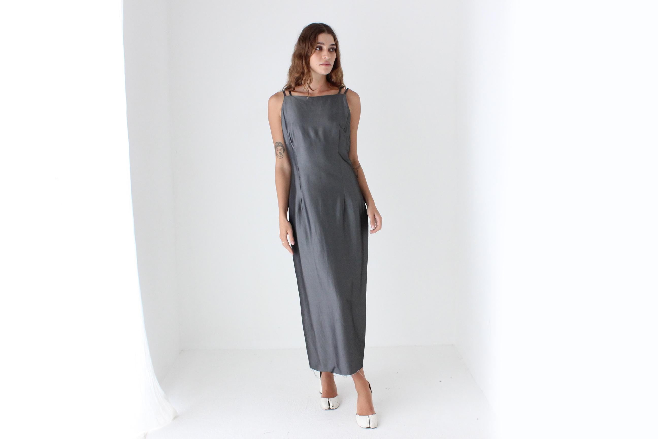 90s Metallic Pewter Square Neck Midi Dress