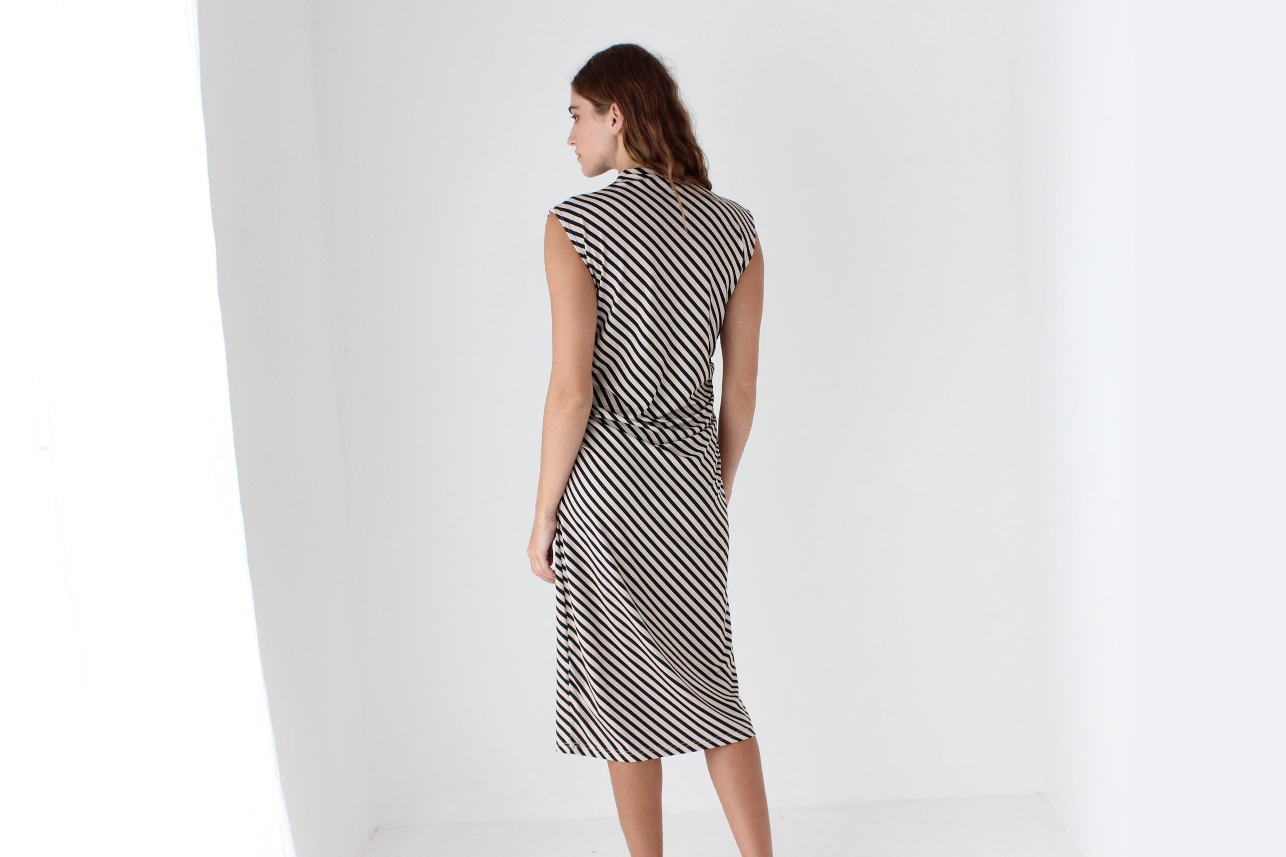 Striped High Neck Stretch Fitted Dress