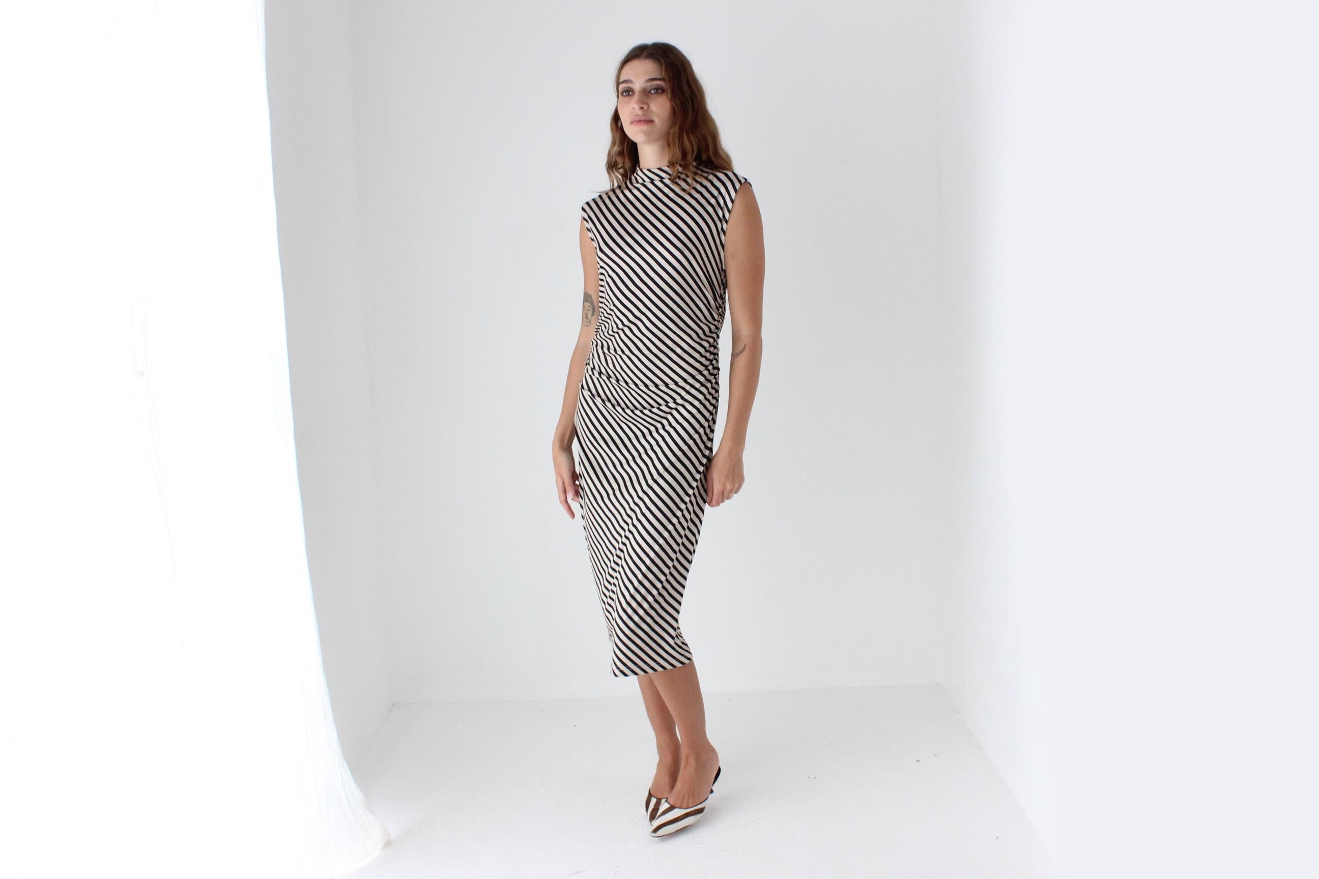 Striped High Neck Stretch Fitted Dress