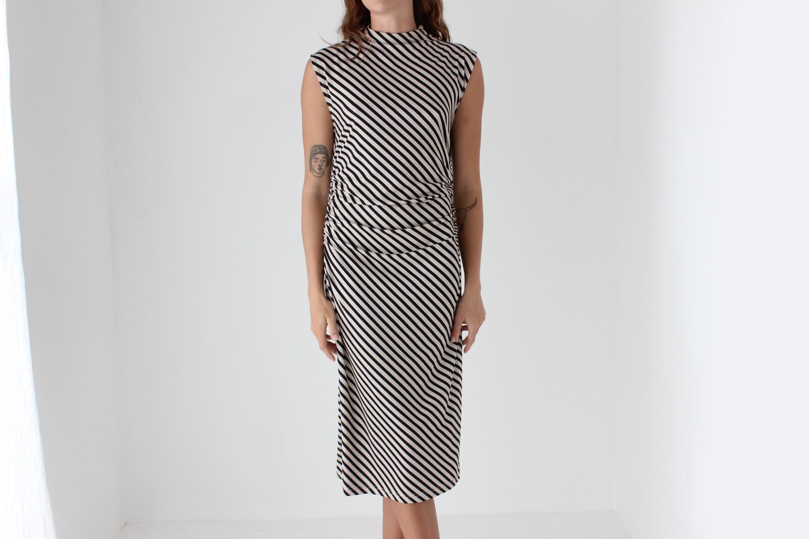 Striped High Neck Stretch Fitted Dress