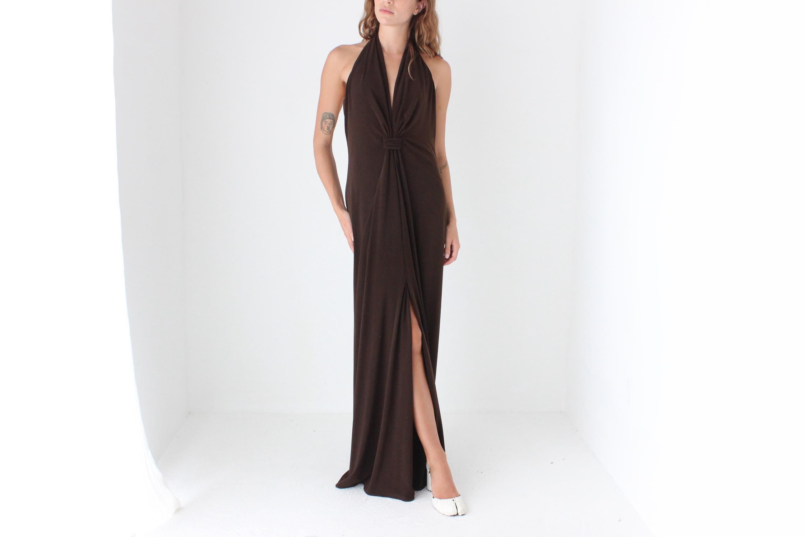Y2K Slinky Chocolate Jersey Plunge Halter Gown